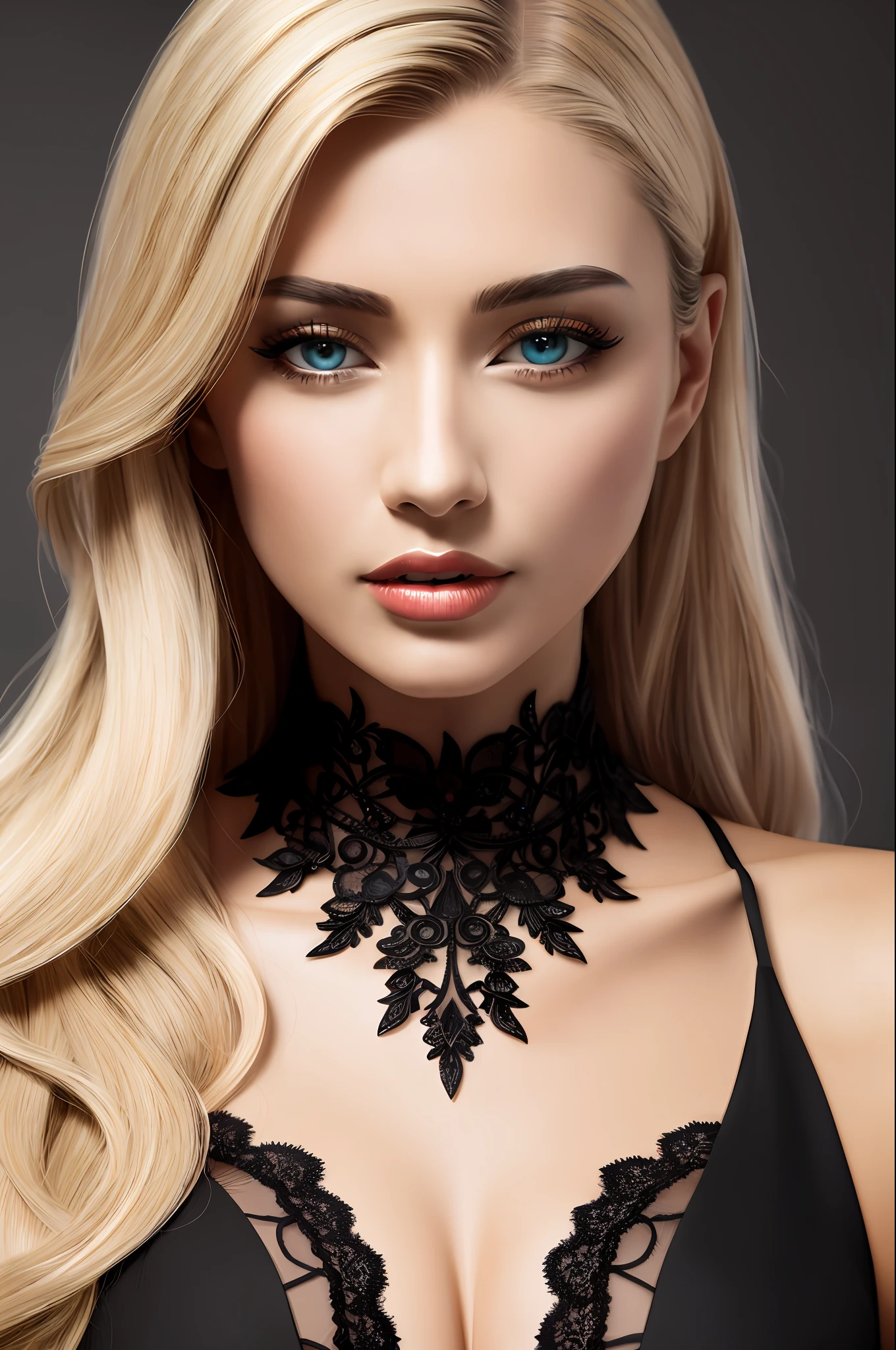 delicate, masterpiece, beautiful detailed, colourful, finely detailed, intricate details, (1 woman:1.1), solo, black dress, detailed_face, Western, blond
