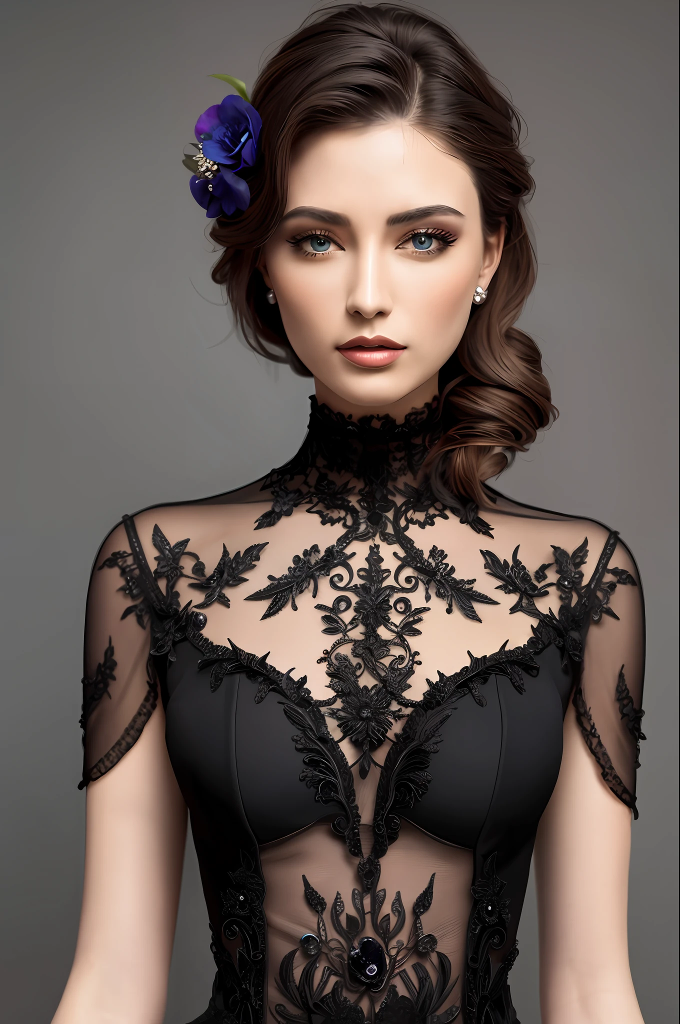 delicate, masterpiece, beautiful detailed, colourful, finely detailed, intricate details, (1 woman:1.1), solo, black dress, detailed_face, Western, blond