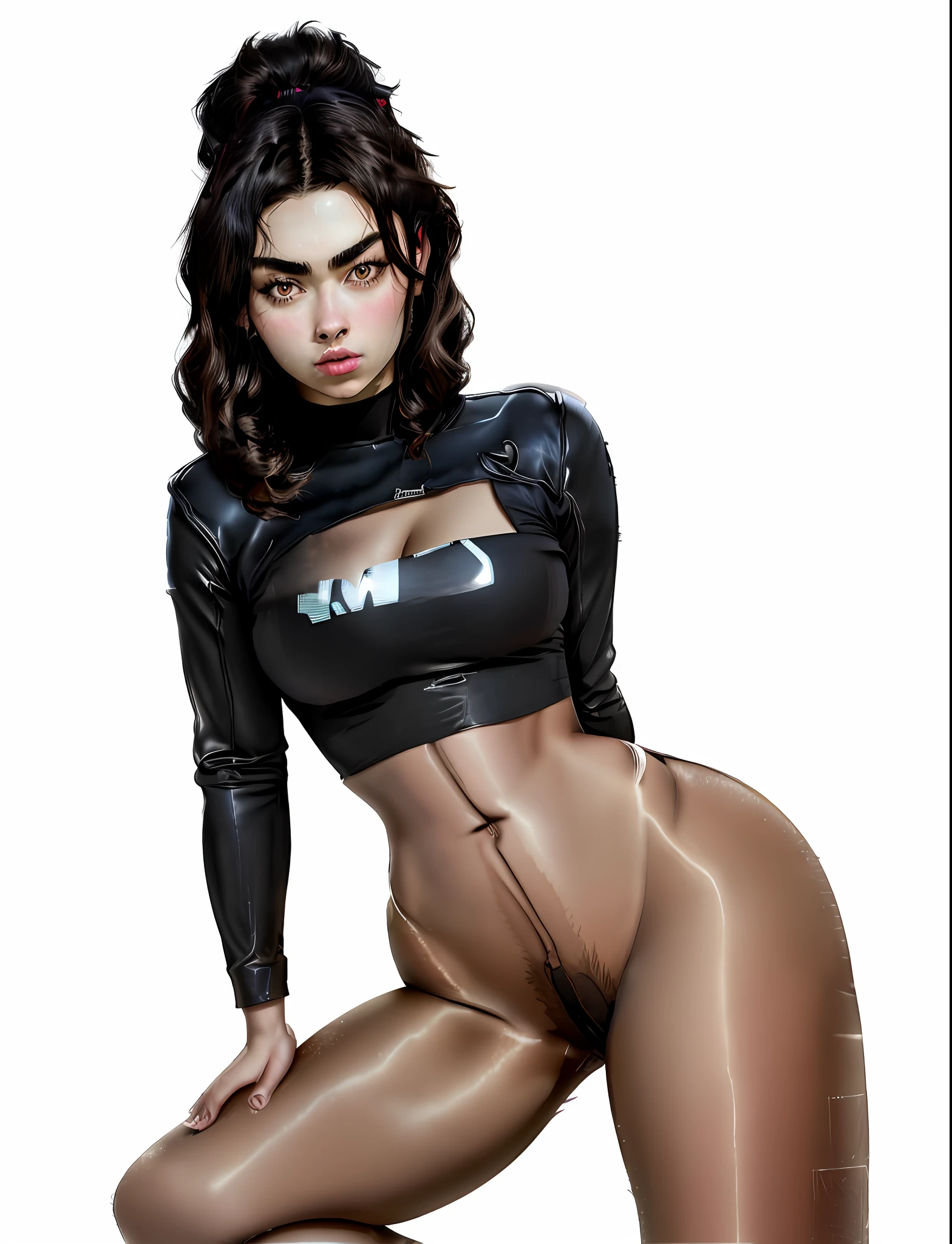 Charli xcx, 28 years old brunette photoshoot, leather underwear, fishnet, big hip/waist ratio, ultra realistic, photography HD, RTX ON
