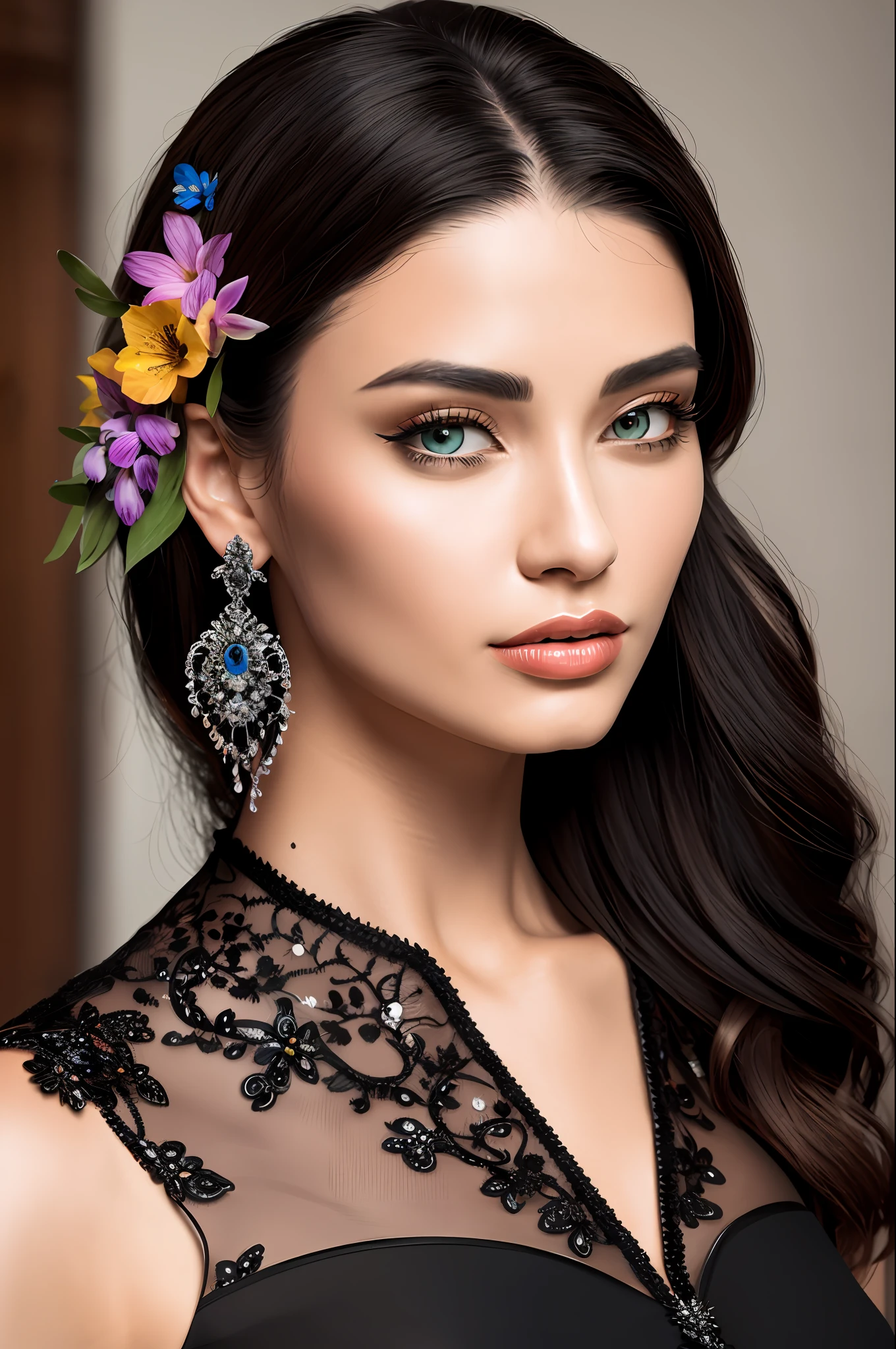 delicate, masterpiece, beautiful detailed, colourful, finely detailed, intricate details, (1 woman:1.1), solo, black dress, detailed_face, Western, blond