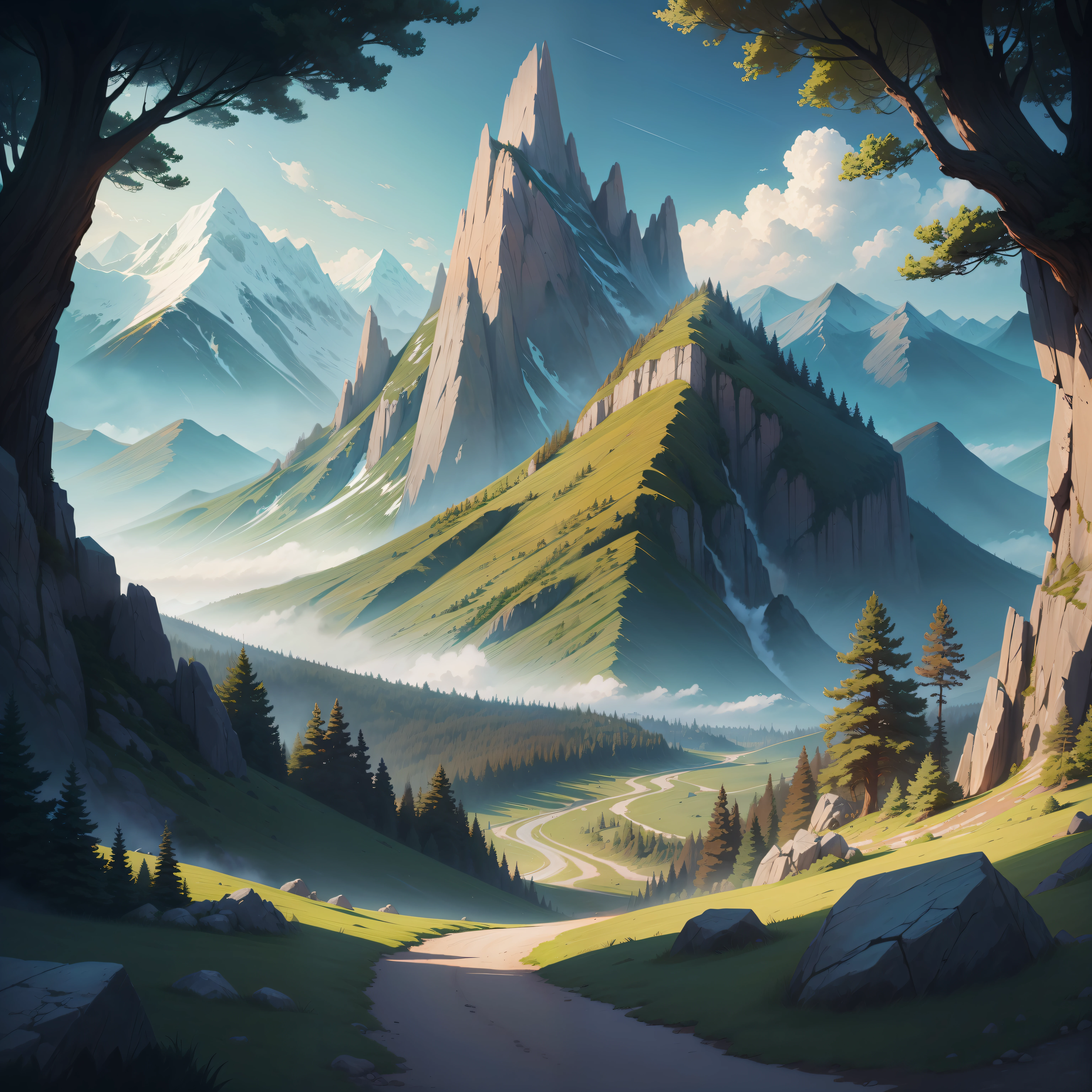 a landscape of mountains and forest in the style of fantasy, in anime style, vivid colors, intricate details