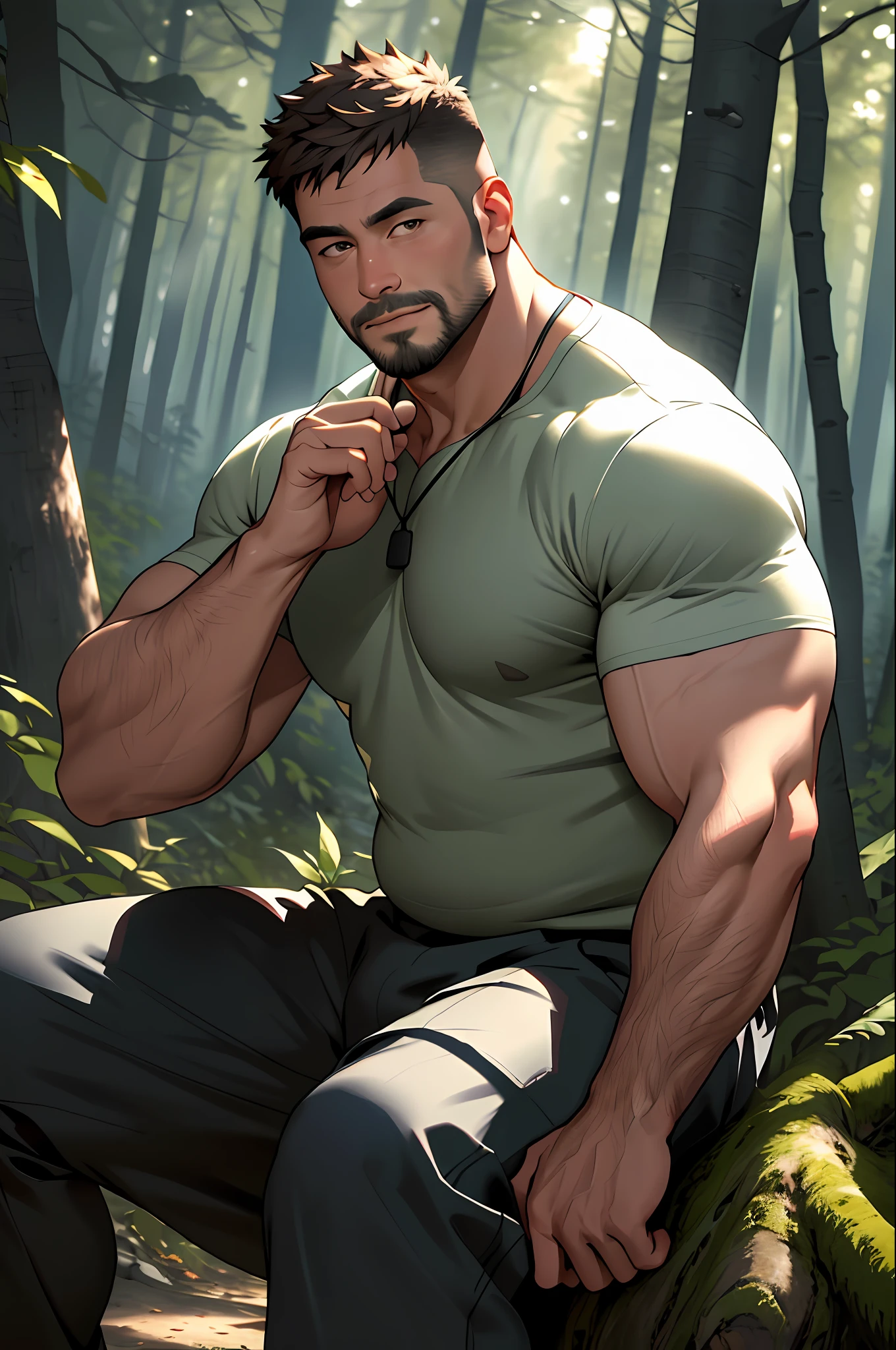 Best quality, masterpiece, expressionless, super high resolution, detailed background, realistic, 1 person, solo, male, muscular, slightly fat, mature male, short hair, facial hair, sitting, tree, forest, real shadow and light, depth of field, chest, underwear