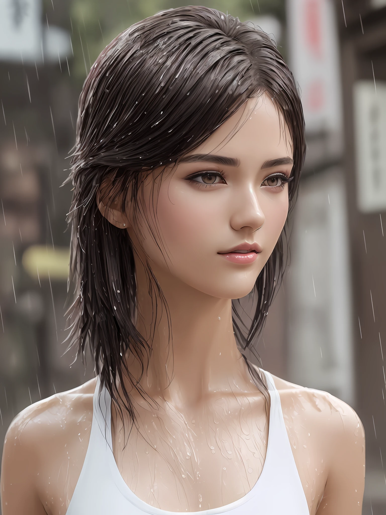 (Top Quality, 4k, Masterpiece: 1.3), Beauty, 1 Girl, Sexy: 1.1, Dark Brown Hair: 1.1, (Wet Rain, Wet Body: 1.2), White Tank Top, Ultra Detailed Face, Detailed Lips, Hair Bob, Pompadour, Detailed Eyes, Double Eyelids, Japan Women, Location Japan Kyoto