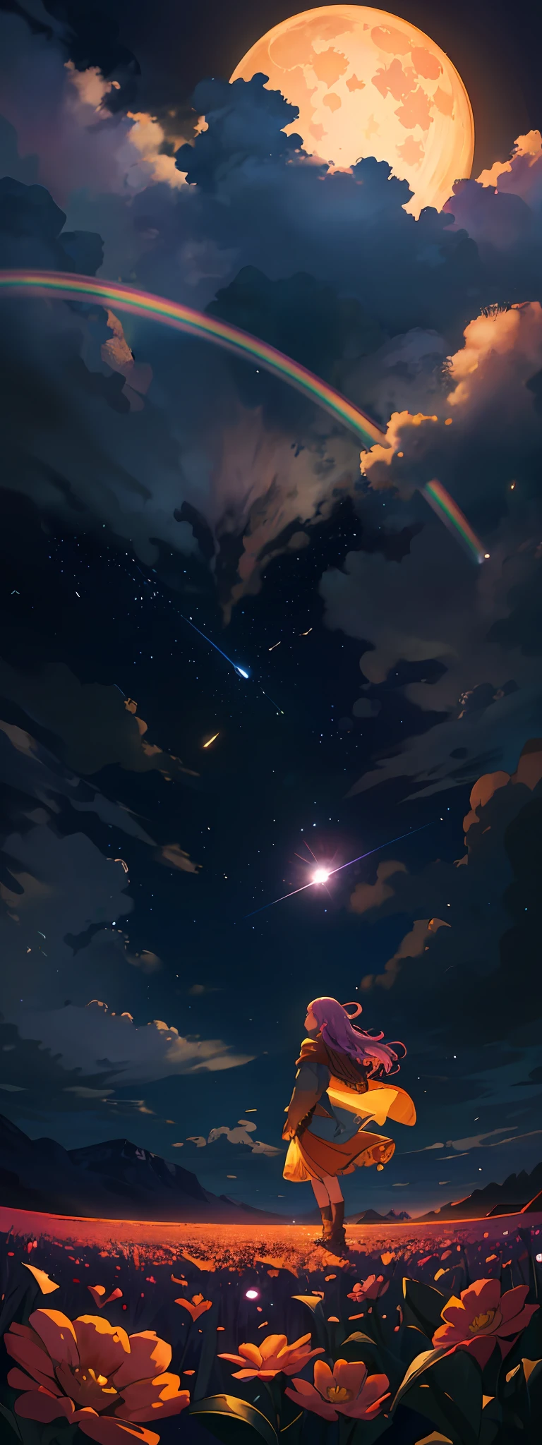 Vast landscape photo, (viewed from below, the sky is above and the open field is below), a girl standing on a flower field looking up, (full moon: 1.2), (meteor: 0.9), (nebula: 1.3), distant mountains , Trees BREAK Crafting Art, (Warm Light: 1.2), (Fireflies: 1.2), Lights, Lots of Purple and Orange, Intricate Details, Volumetric Lighting, Realism BREAK (Masterpiece: 1.2), (Best Quality), 4k, Ultra-Detailed, (Dynamic Composition: 1.4), Very Detailed, Colorful Details, (Rainbow Colors: 1.2), (Glow Lighting, Atmospheric Lighting), Dreamy, Magical, (Solo: 1.2)
