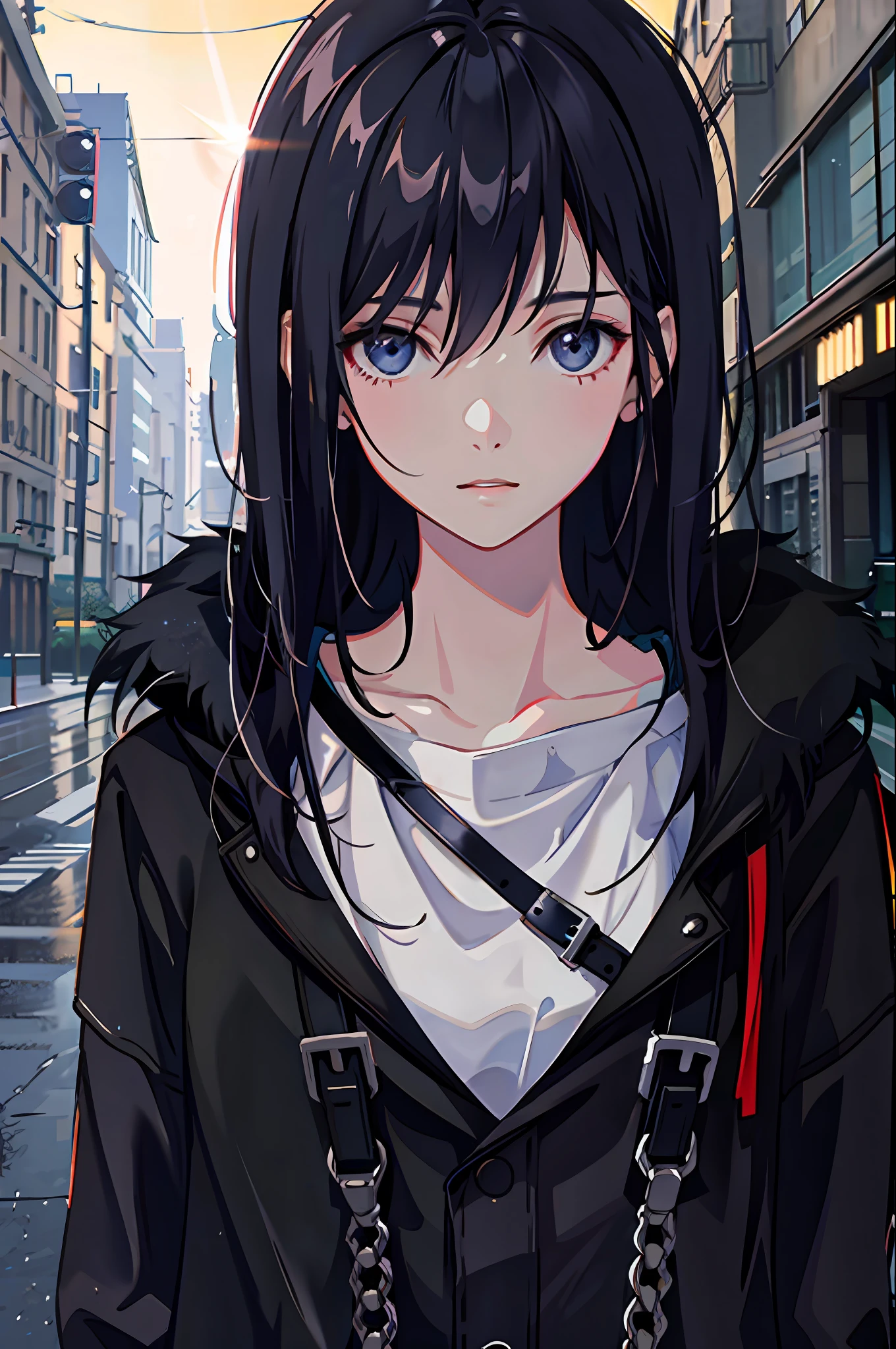 1girl, pajamas, rain, outdoors, chain, backpack, looking at another person, messy hair, trends on artstation, 8k resolution, very detailed, anatomically correct, clear images, digital painting, concept art, trends on pixiv, Makoto Shinkai style,