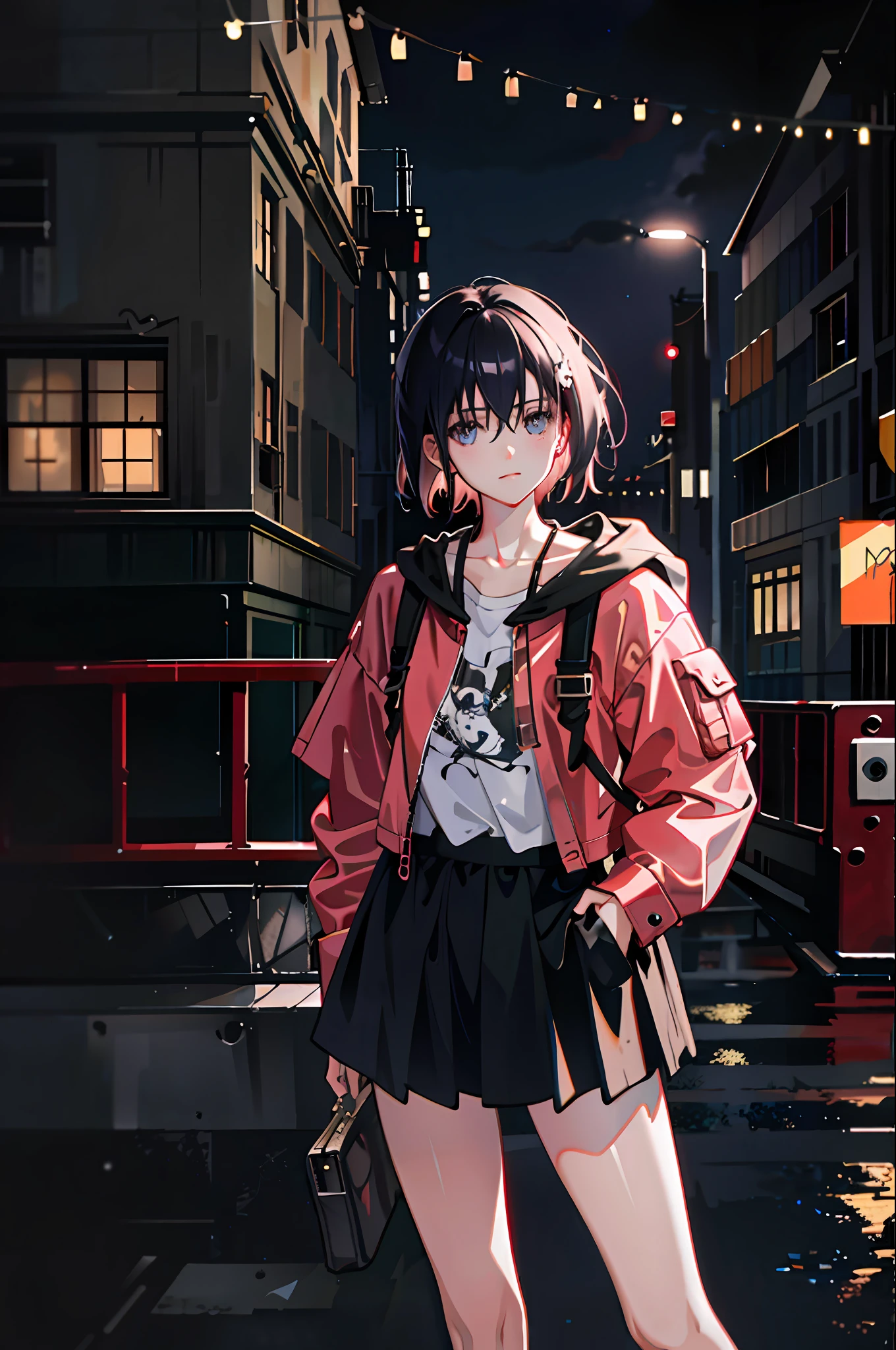 1girl, pajamas, rain, outdoors, chain, backpack, looking at another person, messy hair, trends on artstation, 8k resolution, very detailed, anatomically correct, clear images, digital painting, concept art, trends on pixiv, Makoto Shinkai style,
