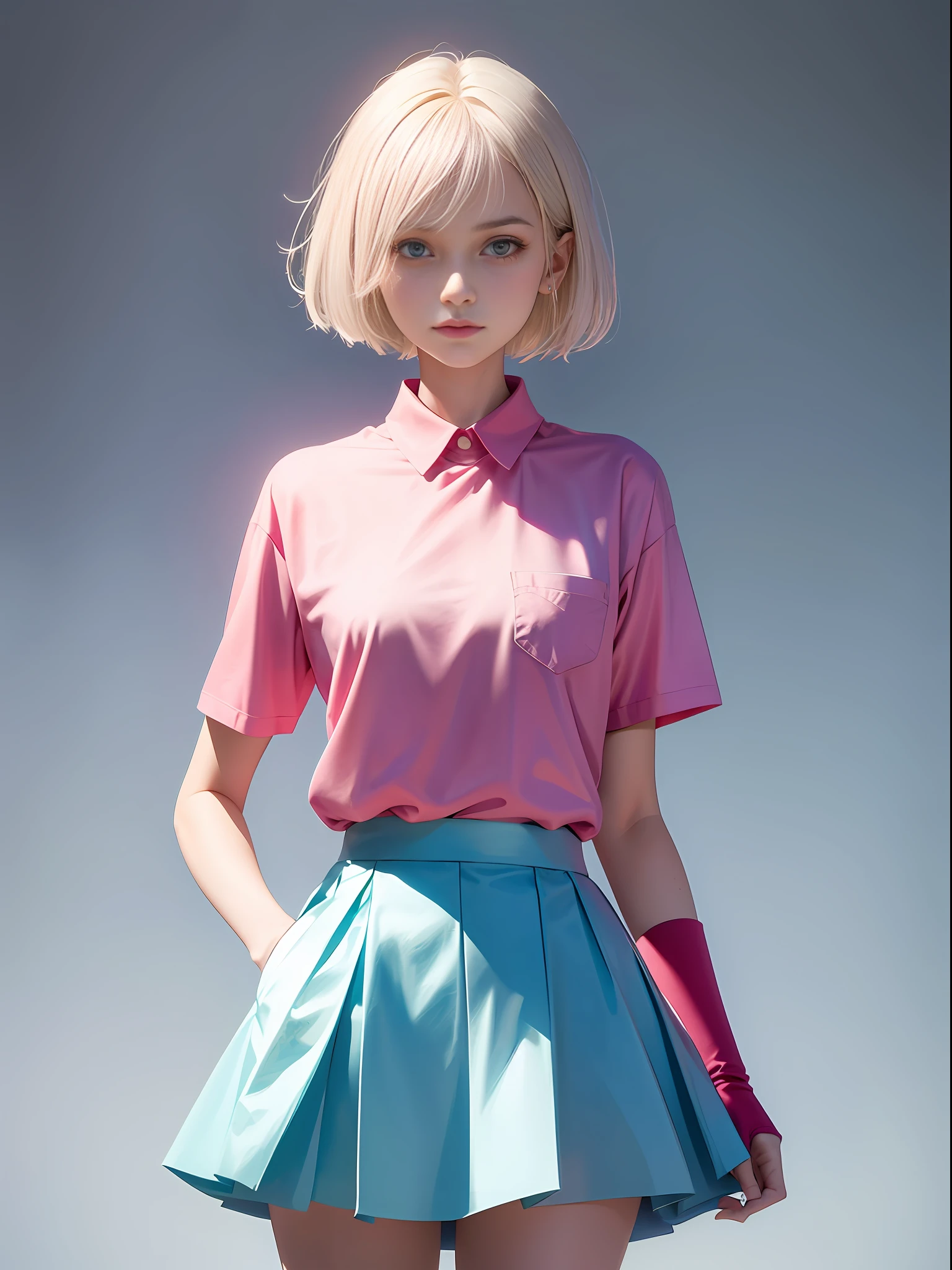 Masterpiece, best quality, 1 girl, 23 years old, facing the audience, facing the camera, half, one hand in the pocket, short hair, platinum blonde hair, pink shirt, blue skirt, solid background, clean background