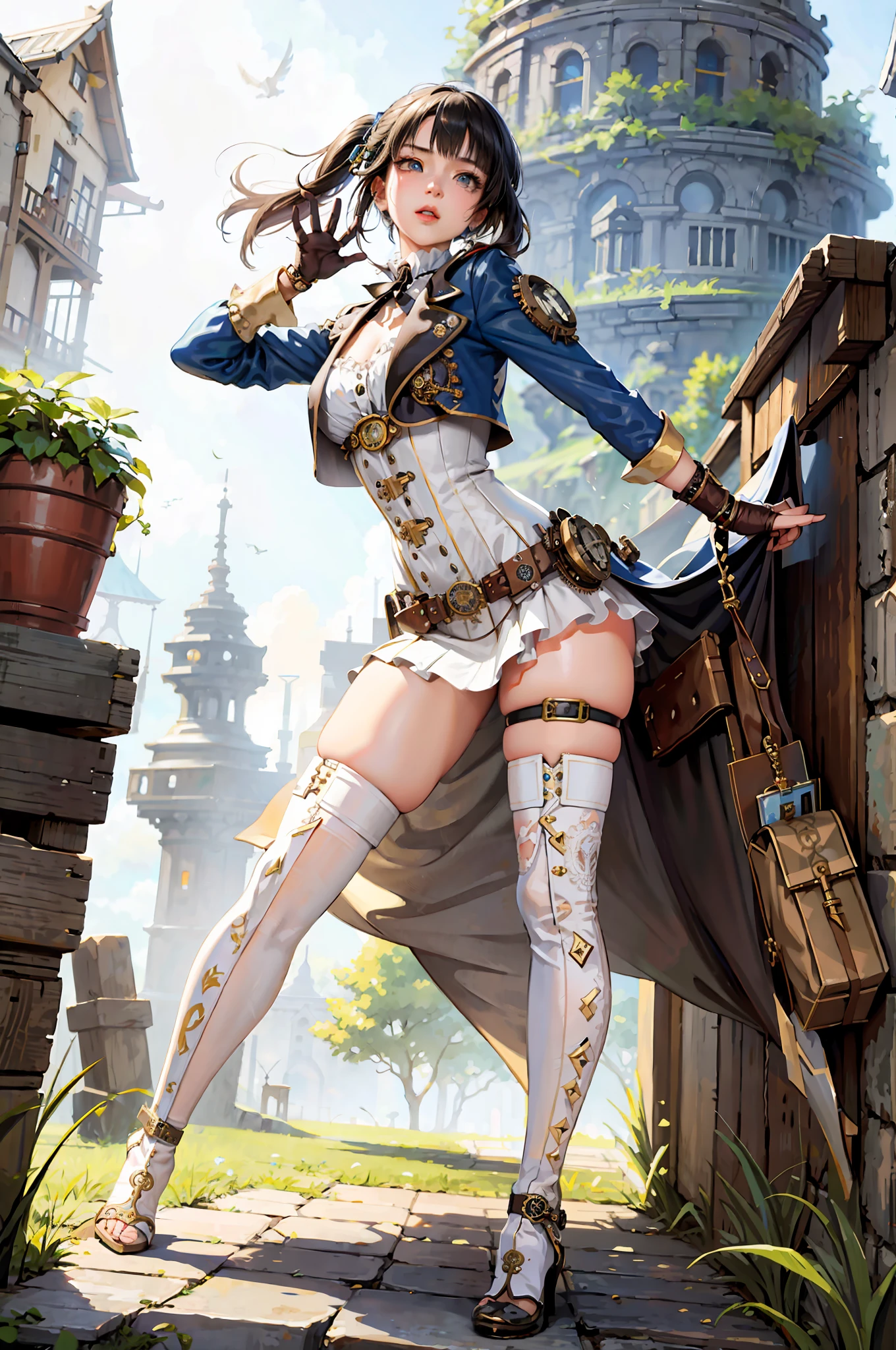 (((steampunk clothes,perfect detalied eyes,))),Una mujer con un vestido blanco y chaqueta azul sosteniendo una escoba, Cushart Krenz Key Art Femenino, Ayaka Genshin Impact, Extremely detailed Artgerm, Ayaka Game Genshin Impact, Trending on Artstation Pixiv, High Detailed Official Artwork, Detailed Key Anime Art, Highly detailed Exquisite Fanart, Epic Light Novel Art Cover, Official Character Art