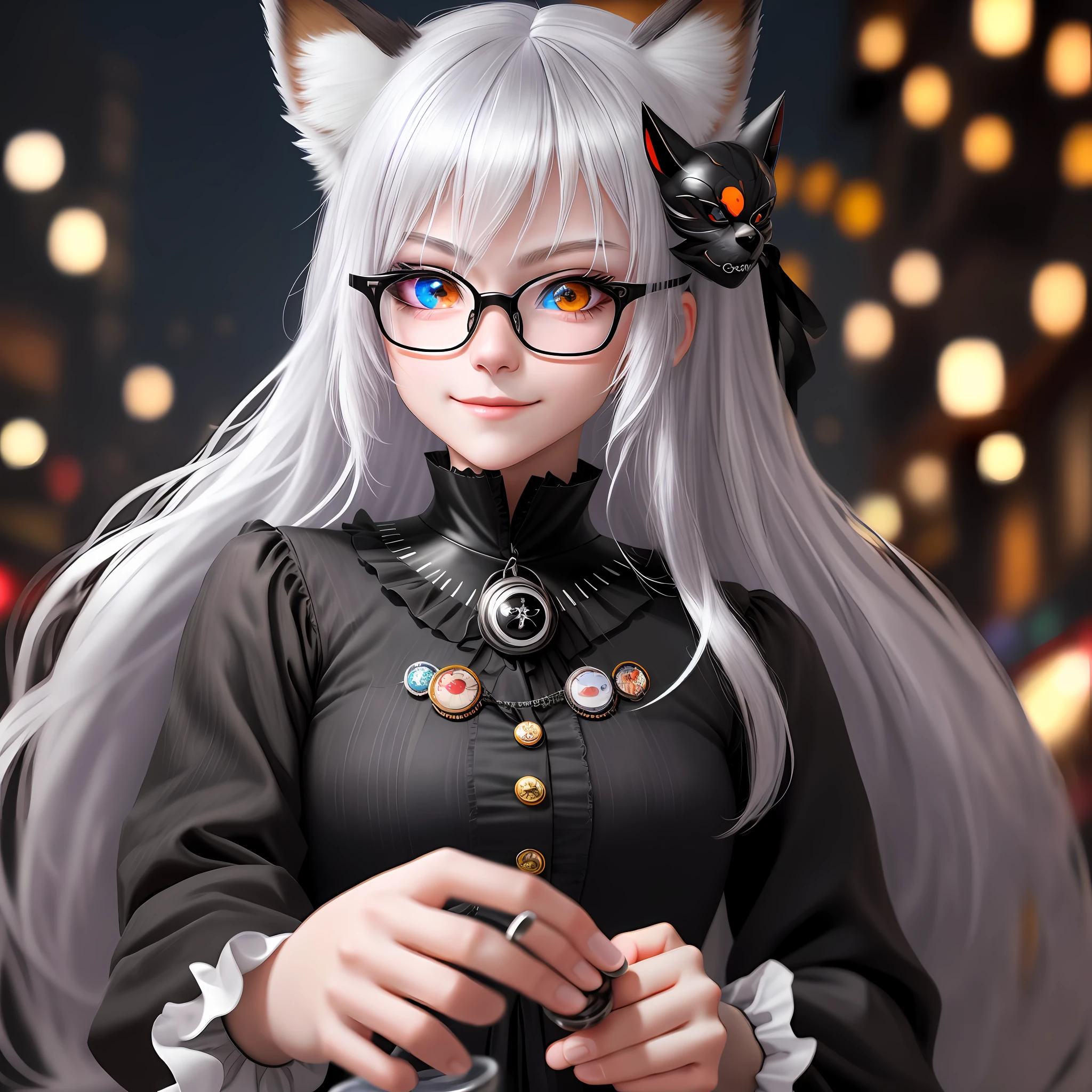 hair bubbles, cringe, long eyelashes, solid round eyes, fake animal ears, light smile, surrealism, shadow, relief, dioragram, tachi-e, 8k, super detail, ccurate, best quality romanticism, anime, modern, ultra hd, retina, masterpiece, curse, anatomically correct, textured skin, super detail, high detail, high quality, award-winning, best quality, high resolution, 1080P, 1080P, 16k silver hair, rimless glasses, mask removal, mask on head, fox mask, devil eye, devil pupil, snake pupil, heterochromia, animal ears,