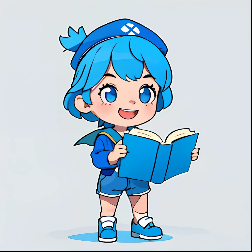 Cute smiling child, open mouth, standing alone, shorts, simple background, (((nothing background))), reading a book, blue hair, (((student cap)))