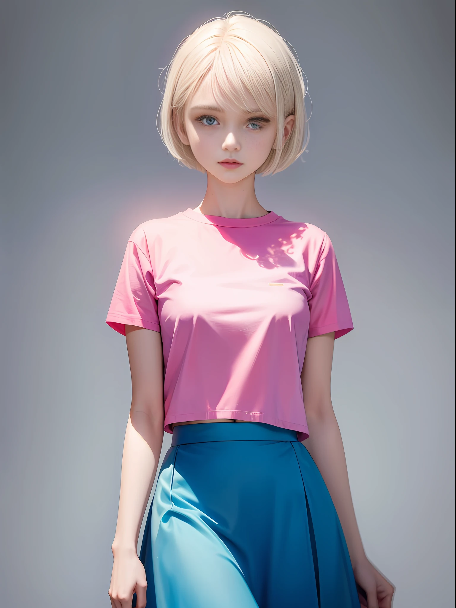 Masterpiece, best quality, 1 girl, 23 years old, facing the audience, facing the camera, half, short hair, platinum blonde hair, pink t-shirt, blue skirt, solid background, clean background