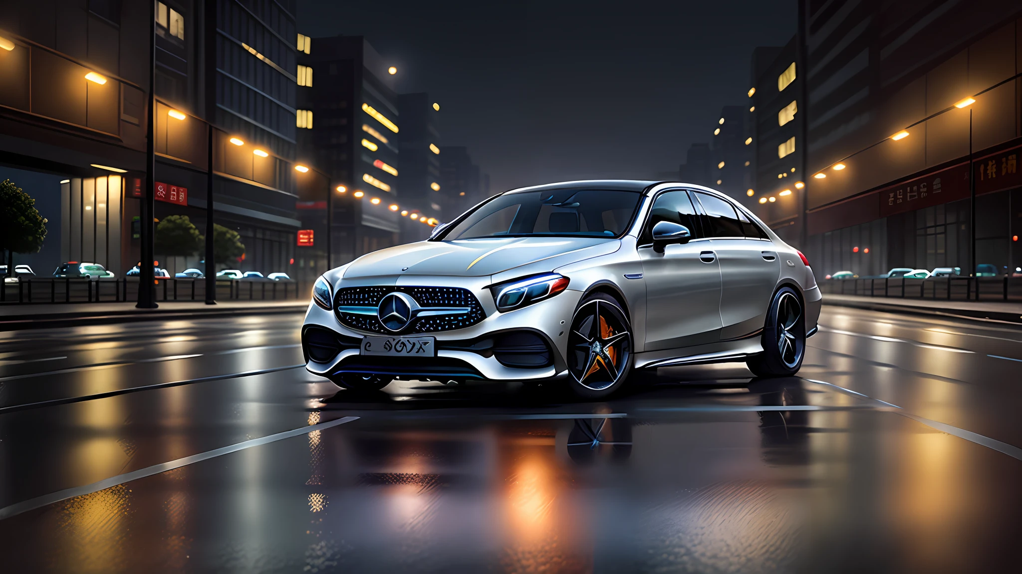 mercedes-EQS, driving on commercial street in Shanghai, road markings, silver metal body, night, sky, clouds, glass windows, metal reflections, city track, background is high-rise buildings, city, high-rises, photography, art station trend, intricate detail, highly detailed, ambient light, ray tracing, rain, --v 6