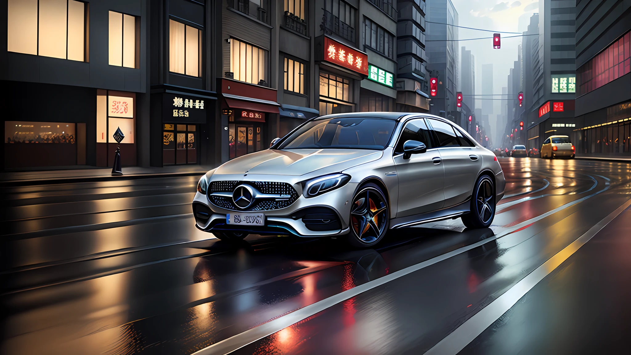mercedes-EQS, driving on commercial street in Shanghai, road markings, silver metal body, night, sky, clouds, glass windows, metal reflections, city track, background is high-rise buildings, city, high-rises, photography, art station trend, intricate detail, highly detailed, ambient light, ray tracing, rain, --v 6