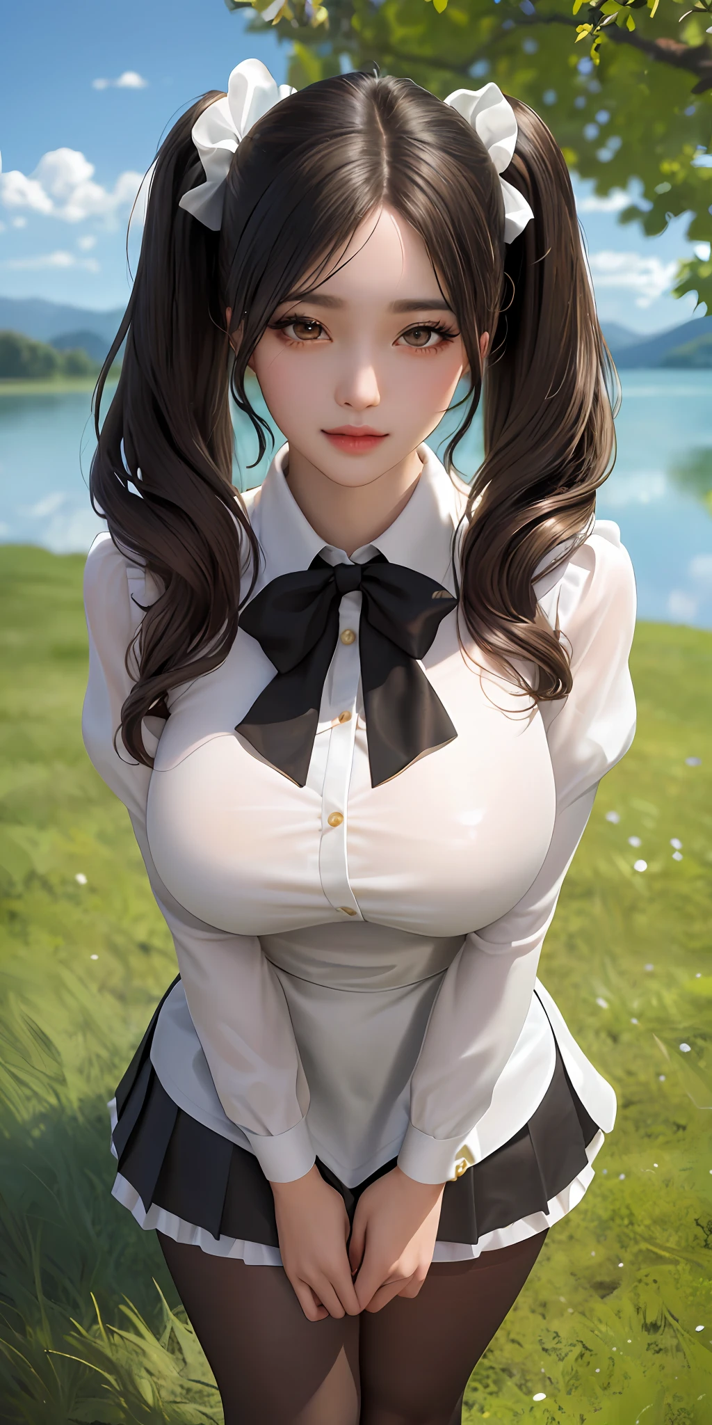 RAW, 1girl, Pure Eros Face, Solo, Colorful, (Masterpiece, Best Quality: 1.3), (Absurdity: 1.3), (Realistic:1.3), (Detailed Skin: 1.3, Detailed Face: 1.3), Standing, Beautiful Face, Beautiful Eyes, Detailed Eye Characterization, Perfect Makeup, Looking at the Audience, Sharp Focus, Delicate, (Beautiful cute_girl:1.3), Curvy, (Huge Breasts: 1.2, Thick Thighs: 1.2, ), Long Eyelashes , (shiny skin), light smile, (black_twintails:1.3), (big_eyes:1.2, brown_eyes), (brown_gloss_eyeshadow:1.2), pink_lips, white frilled shirt, black pleated skirt ,(black_pantyhose), willow, wooden stool, garden, green grass, small lake, (clear sky:1.3), (Sunlight: 0.5), (Complete Five Fingers: 1.2)
