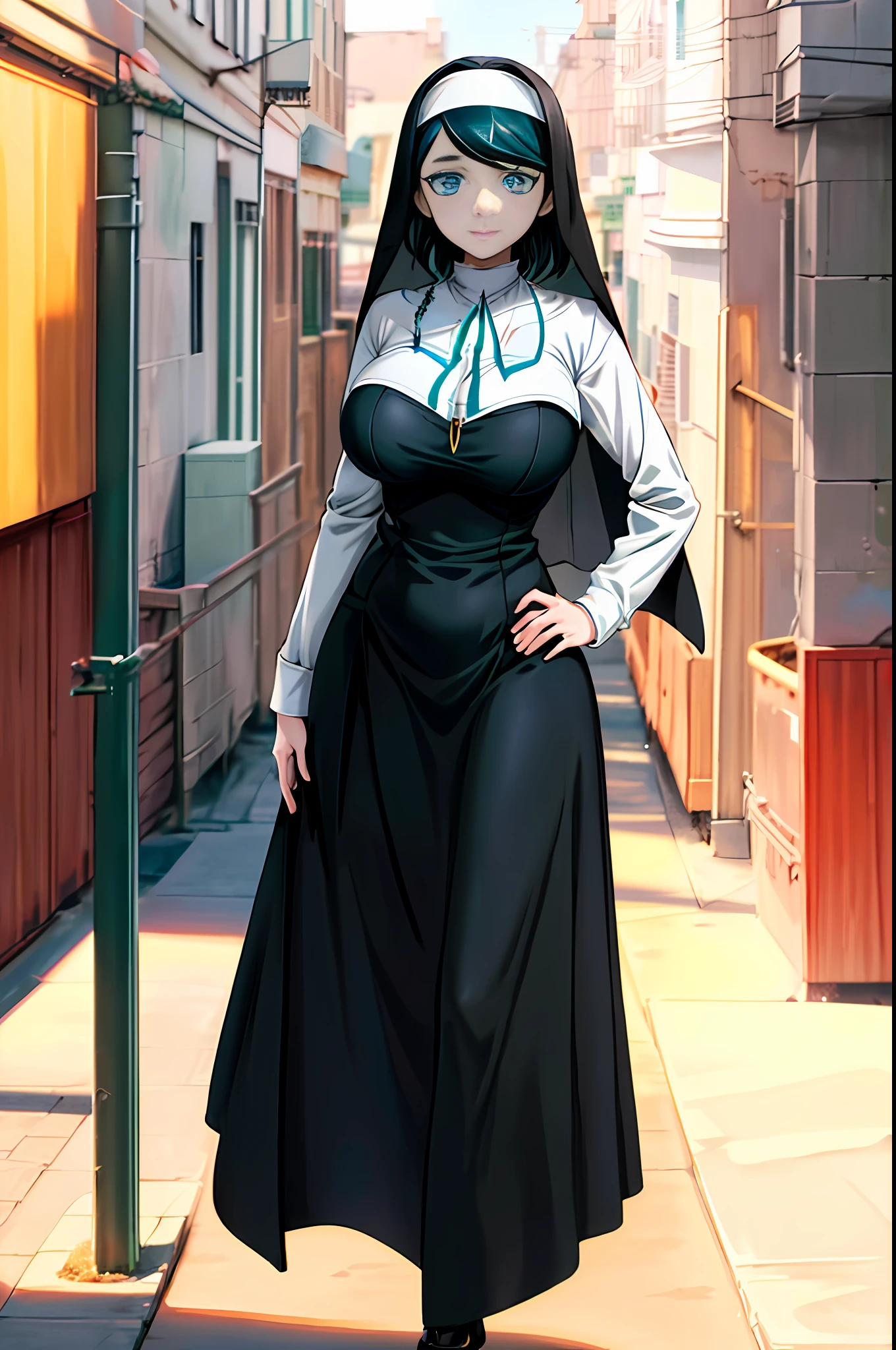 (Very detailed CG unit 8k wallpaper: 1.1), high resolution, detailed body skin, contrast, color, shadow, street background, 1 girl, nun, long black hair, (blue eyes), huge boobs, loose breasts, hands on hips, embarrassment, gothic, add_dedail:1.5