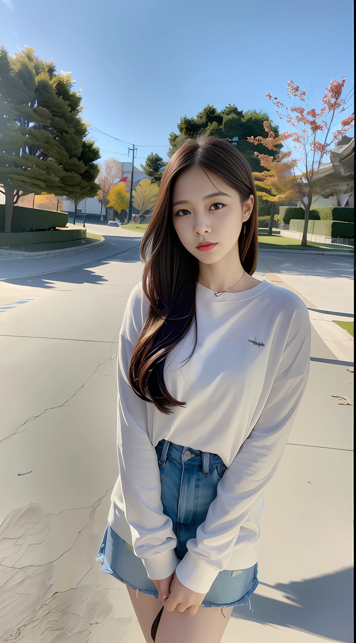 (8k, RAW Photo, Best Quality, Masterpiece: 1.2), (Realistic, Photo Real: 1.37), Professional Lighting, Photon Mapping, Teleportion, Korean Girl, Park, White Autumn Wear
