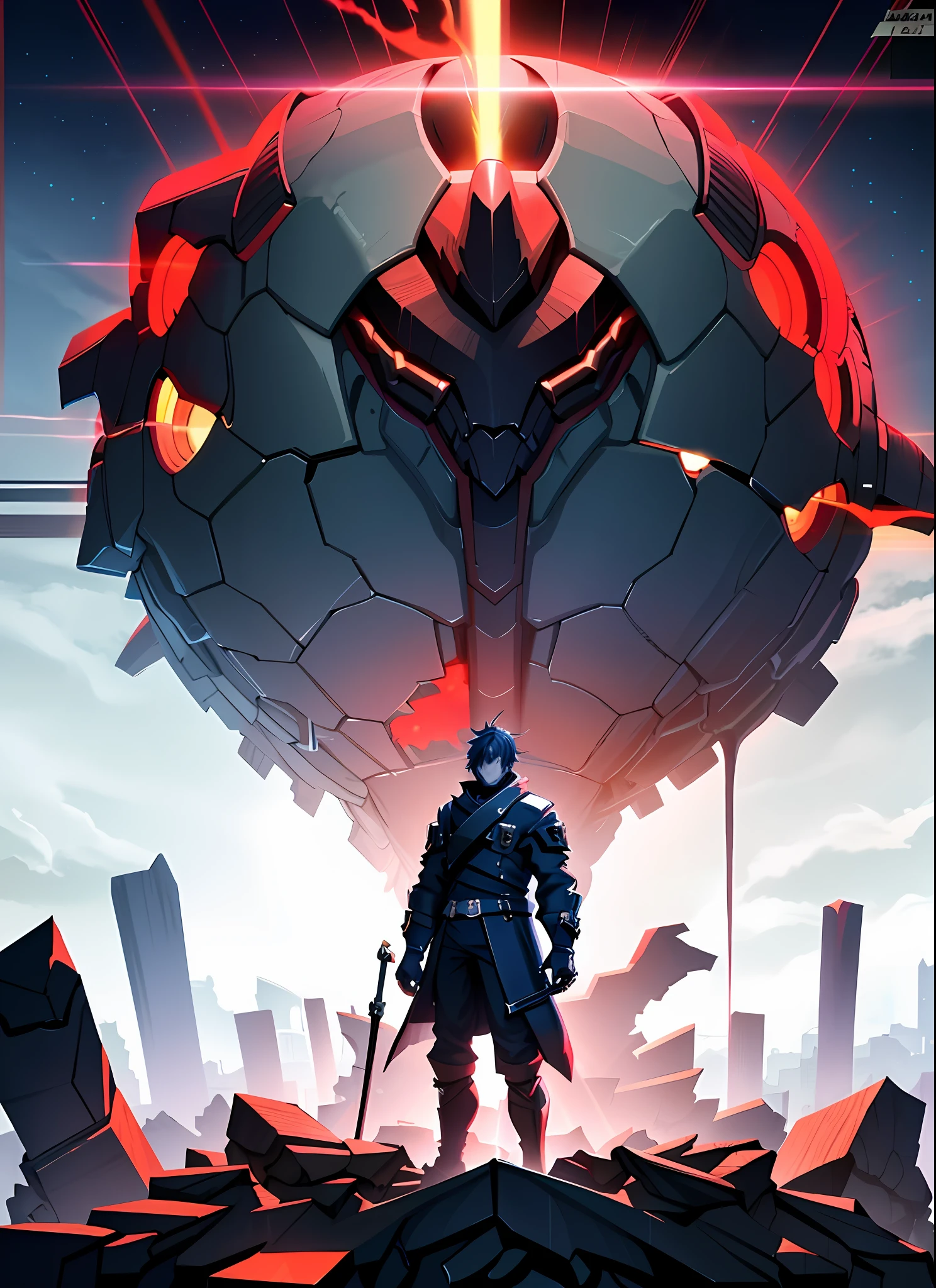 anime style illustration of a man standing in front of a giant red ball, anime epic artwork, badass anime 8 k, dark high-contrast concept art, epic fantasy digital art style, style of duelyst, game art, game art!!, guilty gear strive splash art, benedick bana, anime art wallpaper 8 k, anime art wallpaper 4k