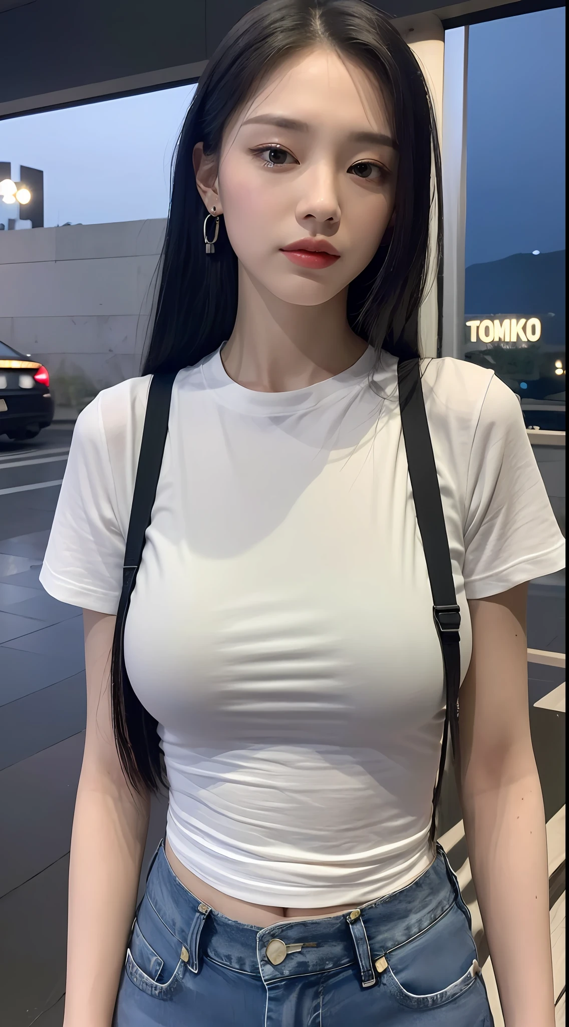 ((Midnight, Best Quality, 8K, Masterpiece :1.3)), Full Body, Long Legs, Sharp Focus :1.2, A Beautiful Woman with Perfect Body :1.4, Slim Abs :1.1, ((Black Hair, Huge Breasts :1.2)), (White Skinny T-Shirt, Denim Bib, Standing: 1.2), (Night View, Roof: 1.3)), Highly detailed face and skin texture, fine eyes, double eyelids