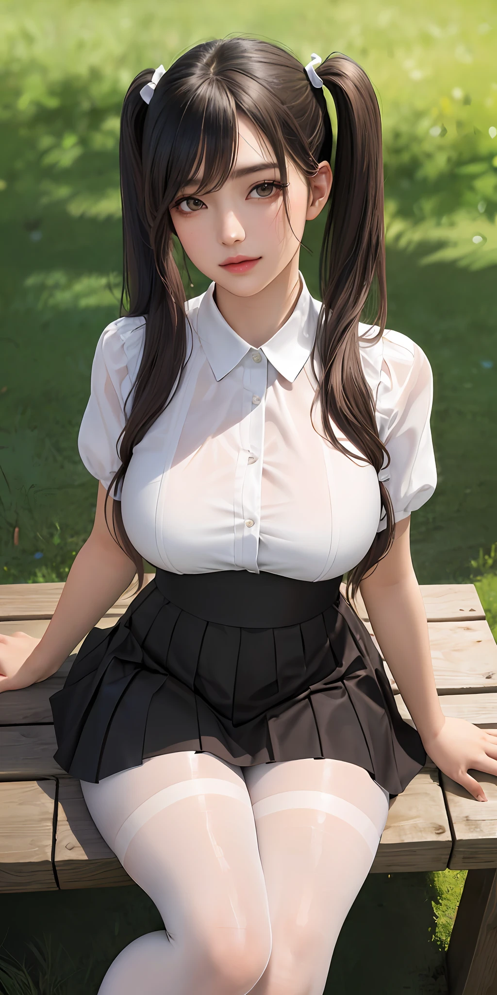 RAW, 1GIRL, PURE EROS FACE, SOLO, COLORFUL, (MASTERPIECE, BEST QUALITY: 1.3), (ABSURD: 1.3), (REALISTIC:1.3), (DETAILED SKIN: 1.3, DETAILED FACE: 1.3), Standing, Beautiful Face, Beautiful Eyes, Detailed Eye Characterization, Perfect Makeup, Looking at the Audience, Sharp Focus, Delicate, (Beautiful cute_girl:1.3), Curvy, (Big Breast: 1.1, Thick Thighs: 1.2, ), Long Eyelashes, (shiny skin), light smile, (black_twintails:1.3), (big_eyes:1.2, brown_eyes), (brown_gloss_eyeshadow:1.2), pink_lips, white frilled shirt, black pleated skirt ,(black_pantyhose), willow, wooden bench, garden, green grass, small lake, (clear sky:1.3), (Sunlight: 0.5), (Complete Five Fingers: 1.2)