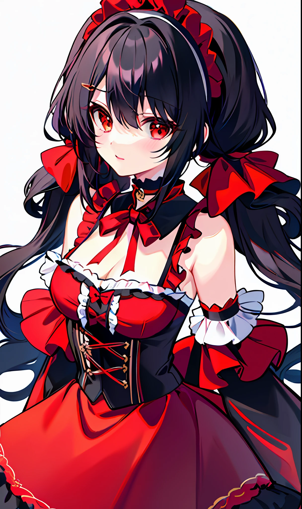 Background Plain, (Masterpiece))), (((Best Quality))), (((Very Detailed))), Detailed Fingers, Illustration, 1 Girl, Solo, Black Hair Twin Tails, Red Eyes, Black Choker with Red Ribbon, Wide Open Chest, Cleavage, Red Sleeveless Goth **** Costume with Black Ruffles, Black Sleeves with Red Ruffles Revealing Shoulders, Red Skirt with Black Ruffles, Red headdress with black pattern, Kyozo Tokizaki,