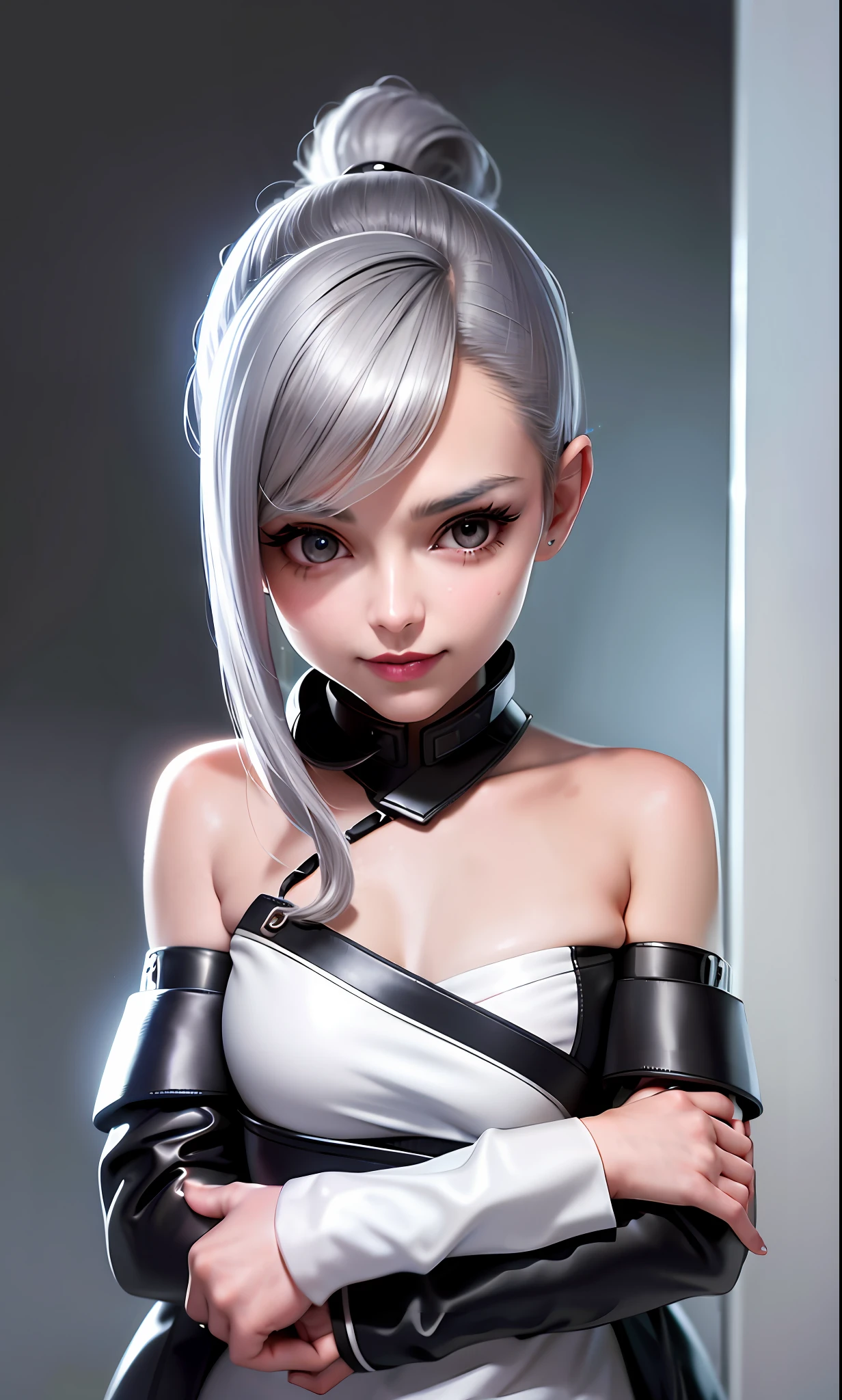 ((grey hair)), high ponytail,heavy makeup, cute, technological sense,8k, best quality, masterpiece, illustration, an extremely delicate and beautiful, extremely detailed ,CG ,unity ,wallpaper, Amazing, finely detail, masterpiece,best quality,official art, extremely detailed CG unity 8k wallpaper,((smile)),tomboy,((Big eyes)),((perfect eyes)),highly detailed, sharp focus,rich background,, looking at viewer, breasts, blurry background, small breasts, bangs, bare shoulders, white dress, dress, realistic, in the cyberpunk city, strong rim light, in summer,