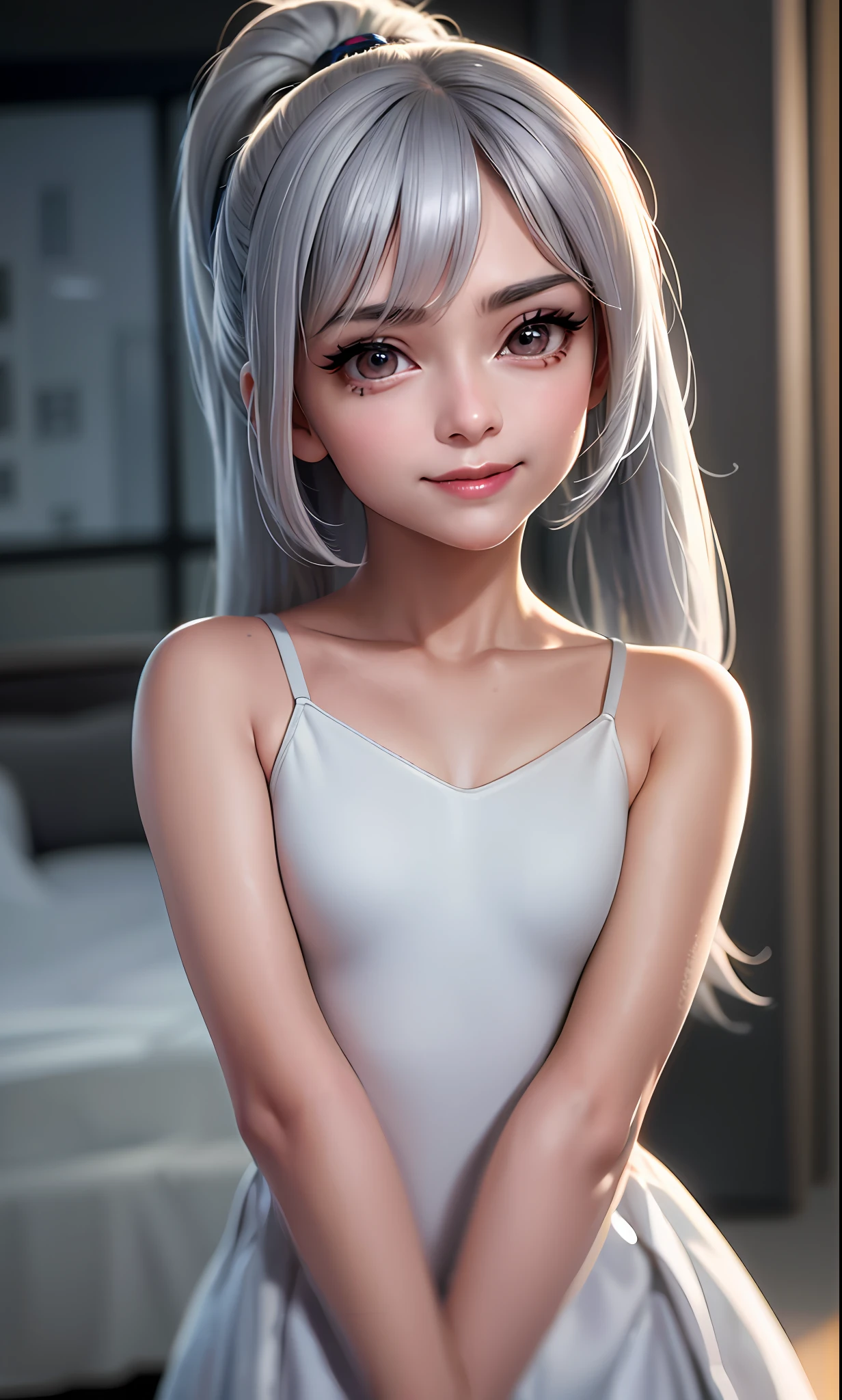 ((grey hair)), high ponytail,heavy makeup, cute, technological sense,8k, best quality, masterpiece, illustration, an extremely delicate and beautiful, extremely detailed ,CG ,unity ,wallpaper, Amazing, finely detail, masterpiece,best quality,official art, extremely detailed CG unity 8k wallpaper,((smile)),tomboy,((Big eyes)),((perfect eyes)),highly detailed, sharp focus,rich background,loli, looking at viewer, breasts, blurry background, small breasts, bangs, bare shoulders, white dress, dress, realistic, in the cyberpunk city, strong rim light, in summer,