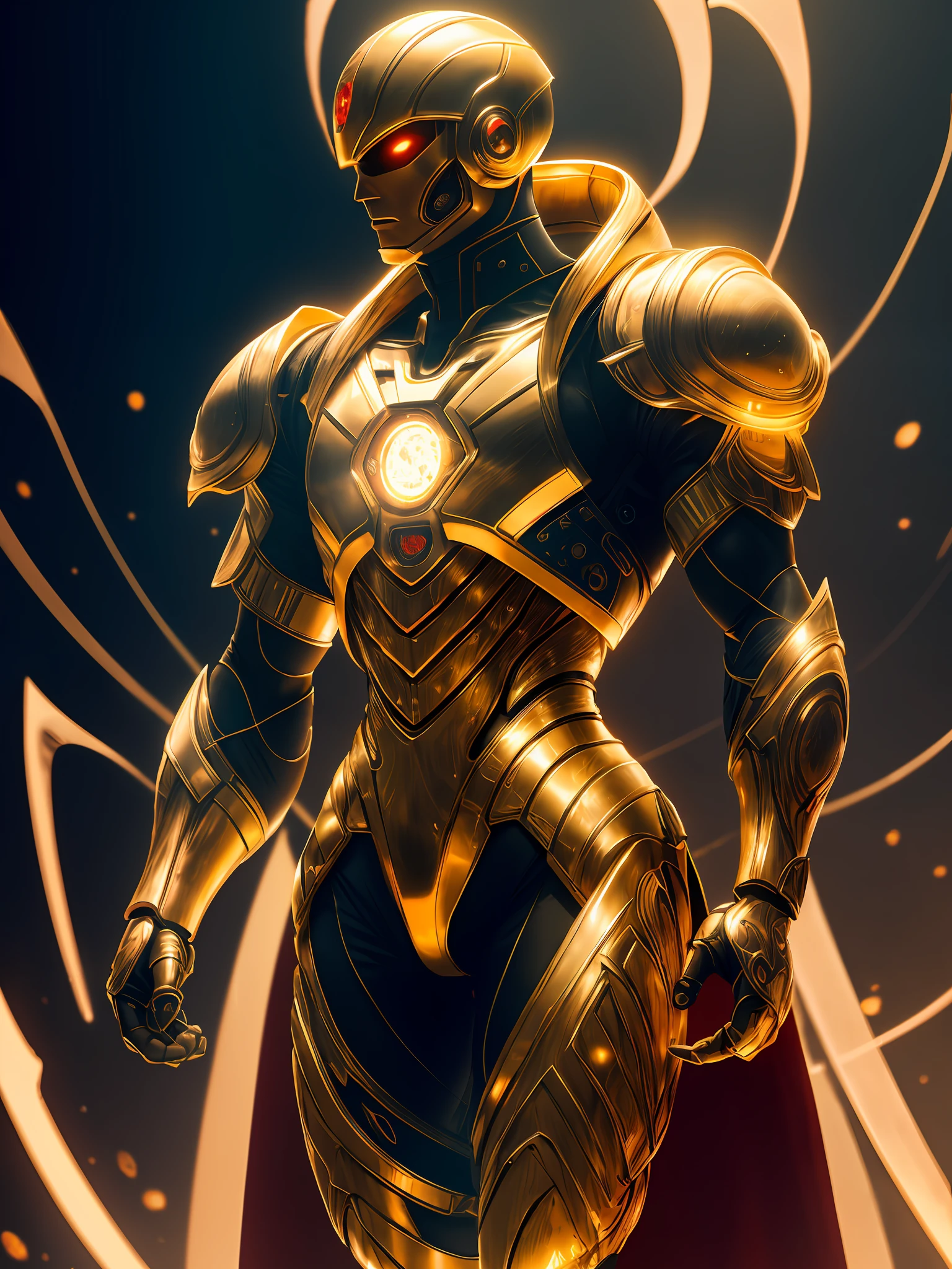 cyborg in a fantastic glowing golden cyberhelmet head, full body, battle stance, golden reflective armorsuit, (torn cape), walking down the street organic, eye shield, diffuse lighting, fantasy, intricate, highly detailed, lifelike, smooth, sharp focus, (photorealistic:1.5), concept art, blood wires, blood tubes, dark room, dim light cyberpunk, blade runner,