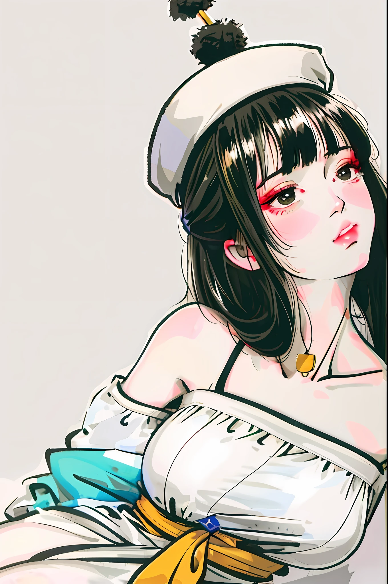 1girl, bangs, bare shoulders, black eyes, black hair, blunt bangs, collarbones, hair accessories, hair sticks, hair tubes, hats, hime cut, Japanese clothes, lips, long hair, side vision, makeup, pom pom \ (clothes\), solo, tokin hat, upper body, (masterpiece: 1.4), (best quality: 1.4), (shiny skin), chch-style, (sweat flush ,, Biting the condom, holding the condom, Condom hanging on chest after use, Condom after use))((sweat flush,, Biting condom, Holding a condom, Holding a condom after use, Hanging on chest and leg strap))((sweat blushing, big breasts, biting the condom, holding the condom, condom on the chest, sitting on the ground, money on the ground))
