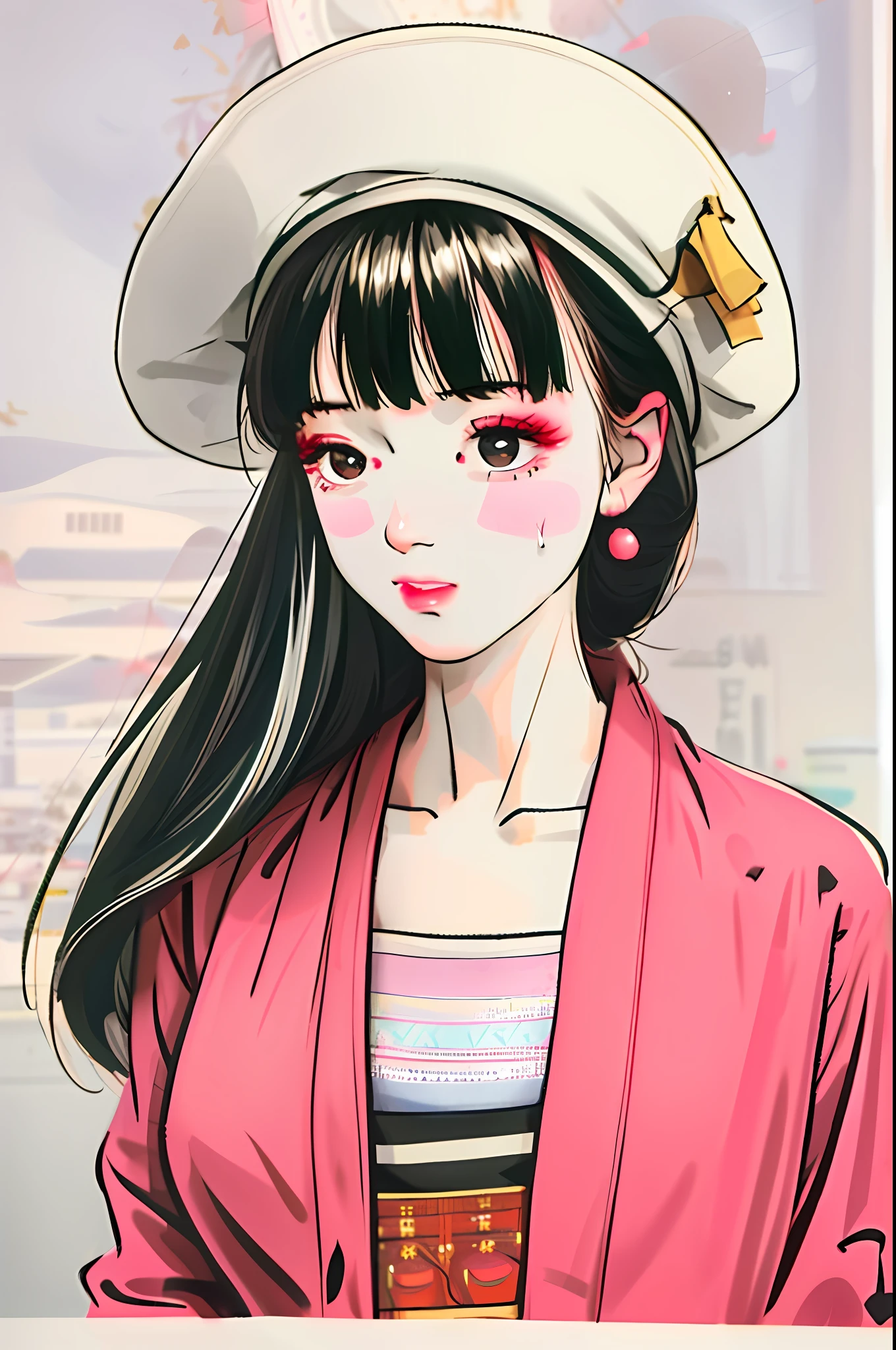 1girl, bangs, bare shoulders, black eyes, black hair, blunt bangs, collarbones, hair accessories, hair sticks, hair tubes, hats, hime cut, Japanese clothes, lips, long hair, side vision, makeup, pom pom \ (clothes\), solo, tokin hat, upper body, (masterpiece: 1.4), (best quality: 1.4), (shiny skin), chch-style, (sweat flush ,, Biting the condom, holding the condom, Condom hanging on chest after use, Condom after use))((sweat flush,, Biting condom, Holding a condom, Holding a condom after use, Hanging on chest and leg strap))((sweat blushing, big breasts, biting the condom, holding the condom, condom on the chest, sitting on the ground, money on the ground))
