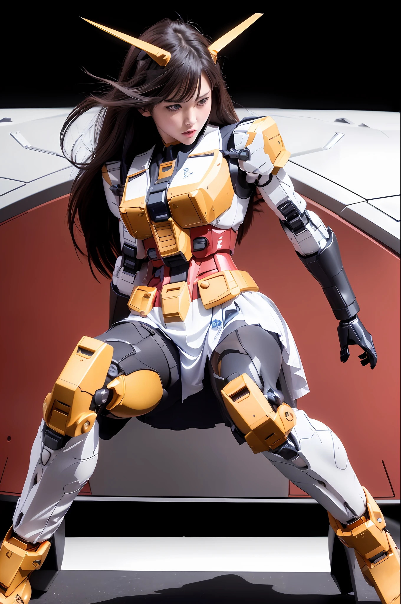 NSFW, Gundam (RX78\), Ultra High Definition, Best Quality, Photography, 4K, (Photorealistic:1.4), 1 Girl, Solo, (Full Body:1.1),Long Hair, Black Hair, Beautiful Face, Mecha Armor, Depth of Field, Motion Line, Short Skirt, Tight Shirt