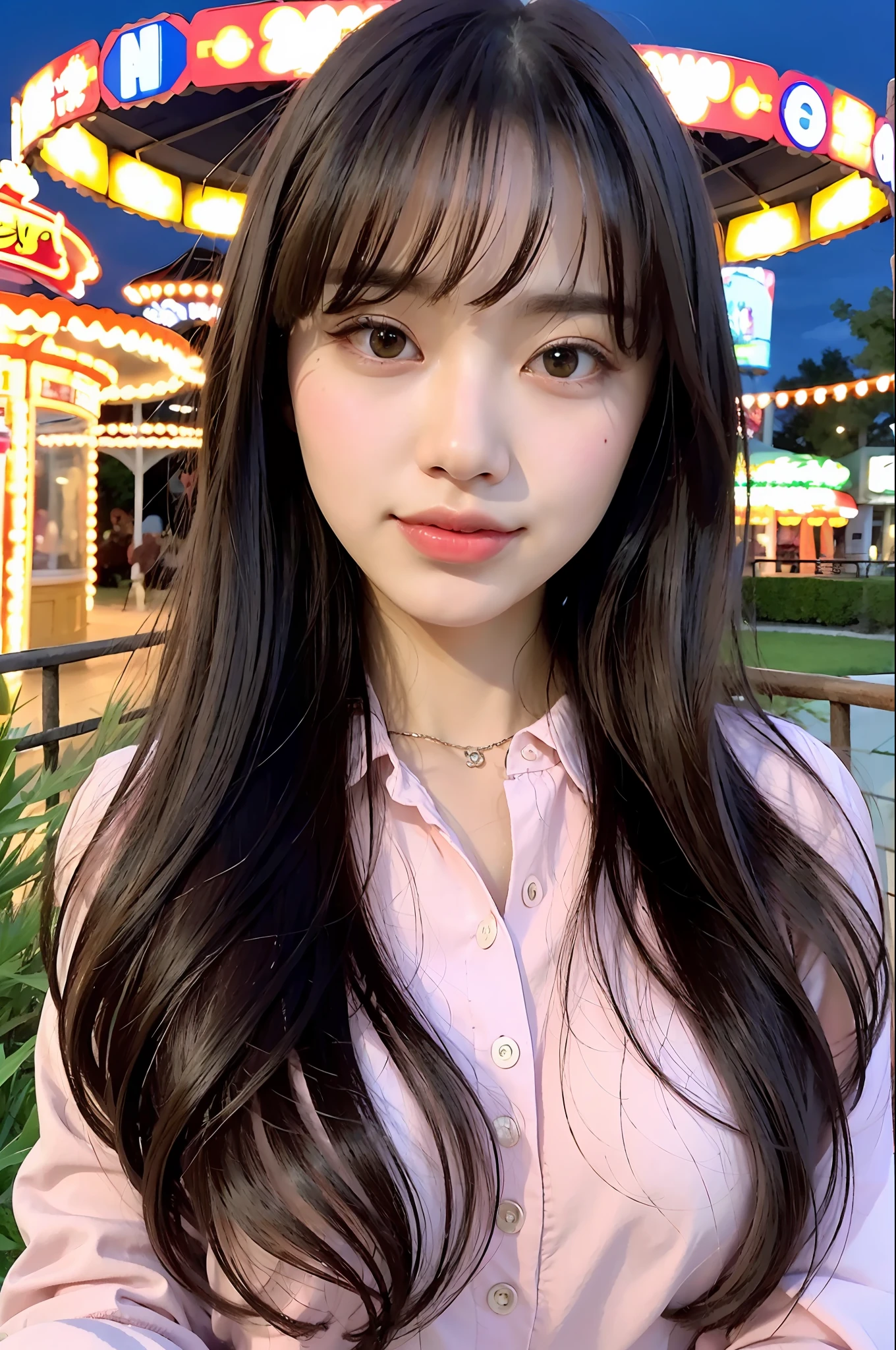 (8k, RAW photo, best quality, masterpiece:1.2), ultra detailed, ultra high res,
(realistic, photo realistic:1.37), portrait, high detail RAW color photo, professional photograph,
an extremely delicate and beautiful, extremely detailed, 8k wallpaper, Amazing, finely detail, huge file size, official art, extremely detailed CG unity 8k wallpaper,
extremely detailed beautiful girl, extremely detailed face, extremely detailed eyes, extremely detailed skin, extremely detailed fingers, extremely detailed nose, extremely detailed mouth, perfect anatomy, highly detailed background, extremely detailed clothing,
1girl, (18 years old:1.2), teenage, cute girl, famous japanese idol, kawaii,
(small breasts:1.2), realistic body, petite,
fair skin, shiny skin, slender body, good figure,
black hair, long straight hair, (blunt bangs:1.2),
smile, cute, young, cute face, baby face, realistic face,
beautifully detailed eyes, drooping eyes, beautiful big eyes,
sweet_lolita,
looking at viewer, cowboy shot, face the front, standing posture, contrapposto,
outdoors, (night:1.2), amusement park in the background,
dynamic lighting,