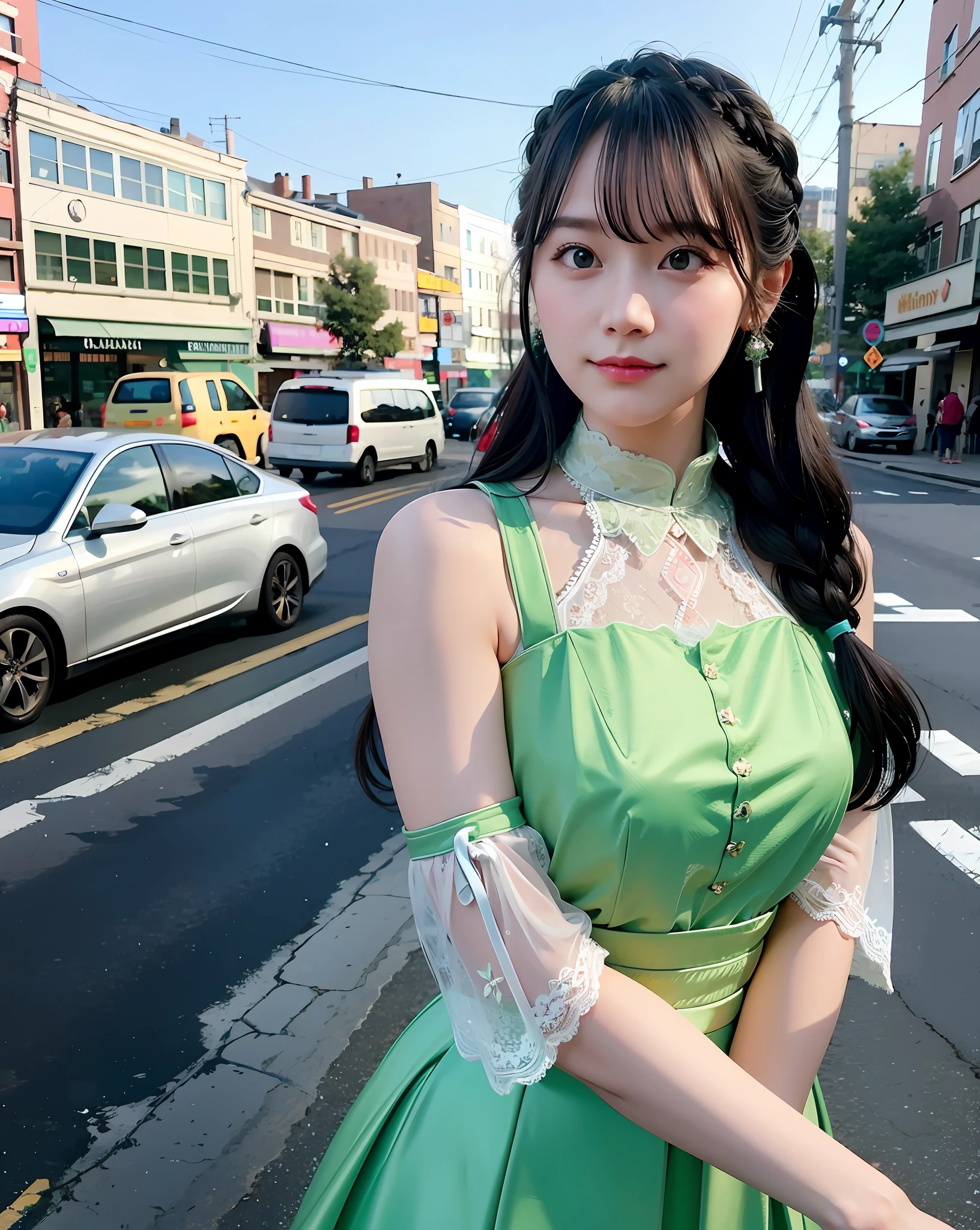 a woman posing on the street corner with green dress on, best quality, high res, 8k, 1girl, (huge breasts), day, bright, outdoor, (street:0.8), (people, crowds:1), (lace-trimmed dress:1.5, green clothes:1.5, yellow high-neck dress:1.5, sleeveless dress, green: 1.5), gorgeous, (braided hair), beautiful detailed sky, beautiful earrings, (dynamic pose:0.8), (upper body:1.2), soft lighting, wind, shiny skin, looking at viewer,  serious face,