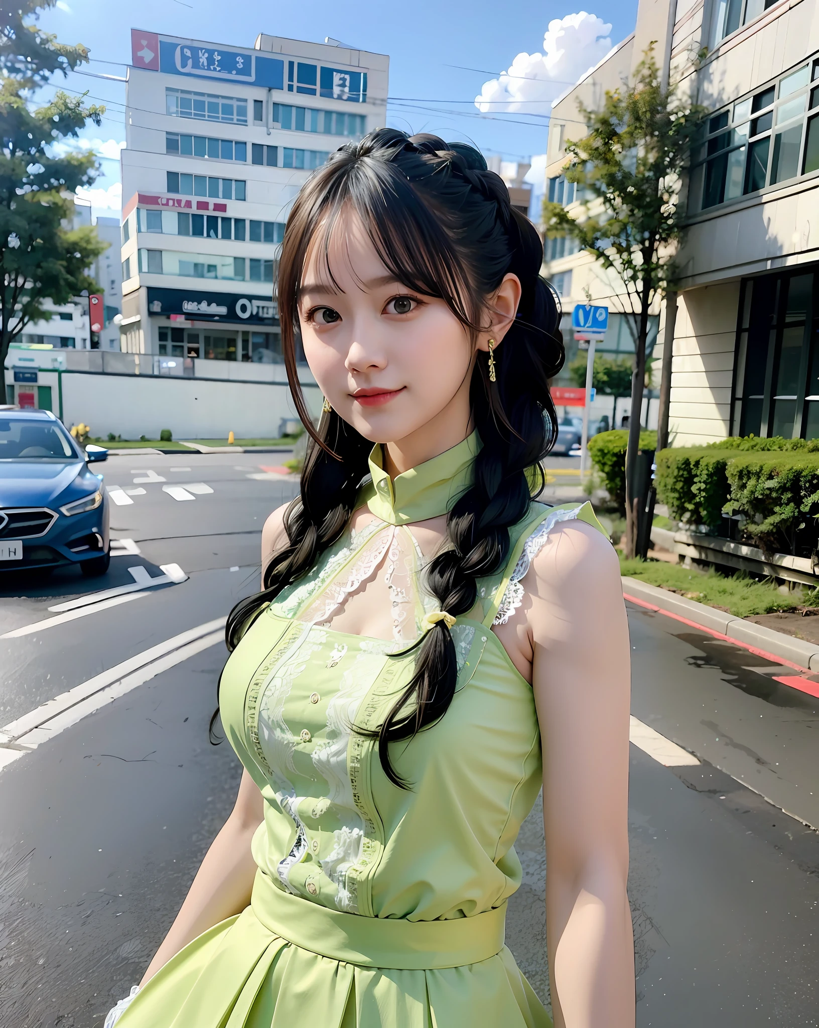 a woman posing on the street corner with green dress on, best quality, high res, 8k, 1girl, (huge breasts), day, bright, outdoor, (street:0.8), (people, crowds:1), (lace-trimmed dress:1.5, green clothes:1.5, yellow high-neck dress:1.5, sleeveless dress, green: 1.5), gorgeous, (braided hair), beautiful detailed sky, beautiful earrings, (dynamic pose:0.8), (upper body:1.2), soft lighting, wind, shiny skin, looking at viewer,  serious face,