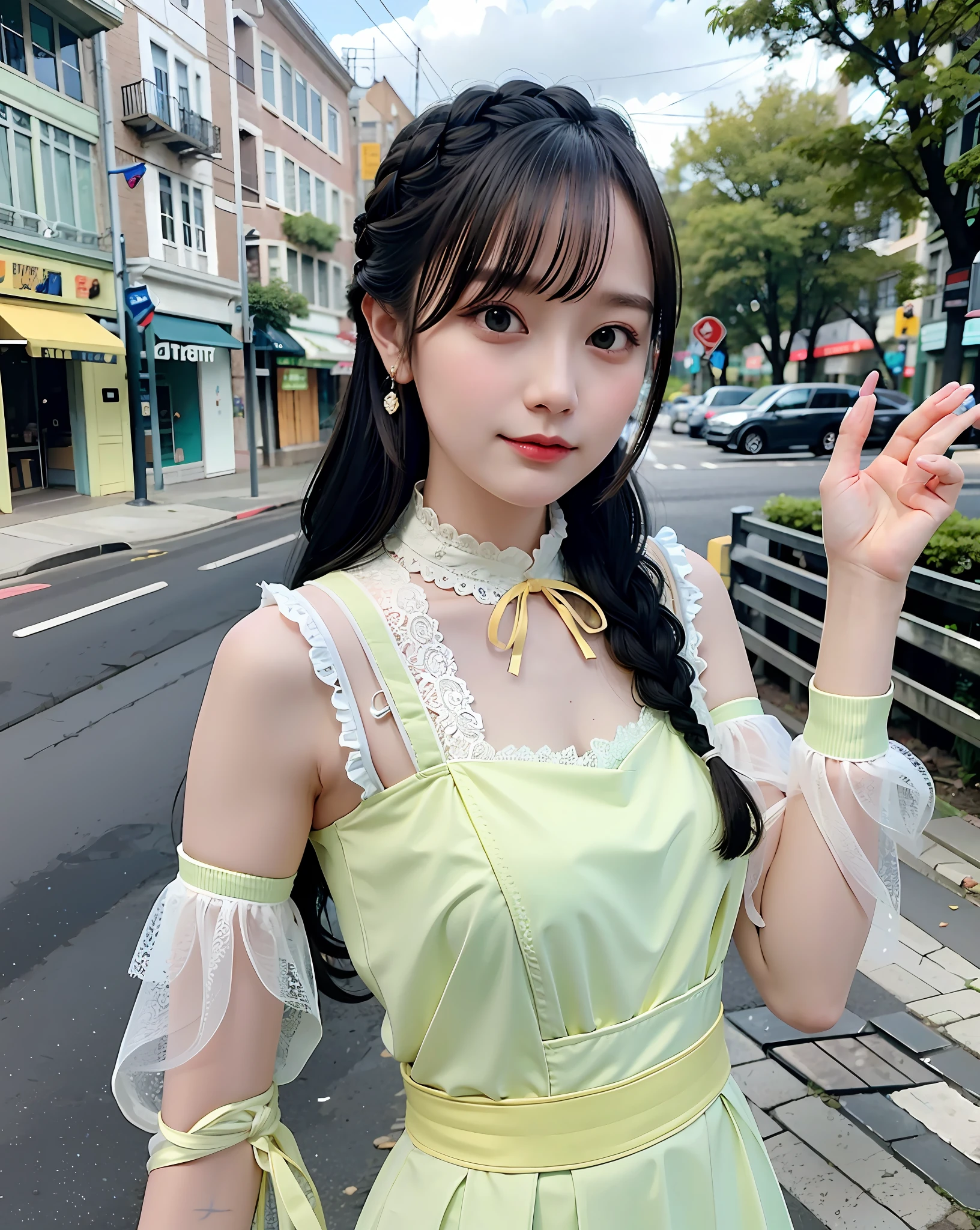 a woman posing on the street corner with green dress on, best quality, high res, 8k, 1girl, (huge breasts), day, bright, outdoor, (street:0.8), (people, crowds:1), (lace-trimmed dress:1.5, green clothes:1.5, yellow high-neck dress:1.5, sleeveless dress, green: 1.5), gorgeous, (braided hair), beautiful detailed sky, beautiful earrings, (dynamic pose:0.8), (upper body:1.2), soft lighting, wind, shiny skin, looking at viewer, serious face,
