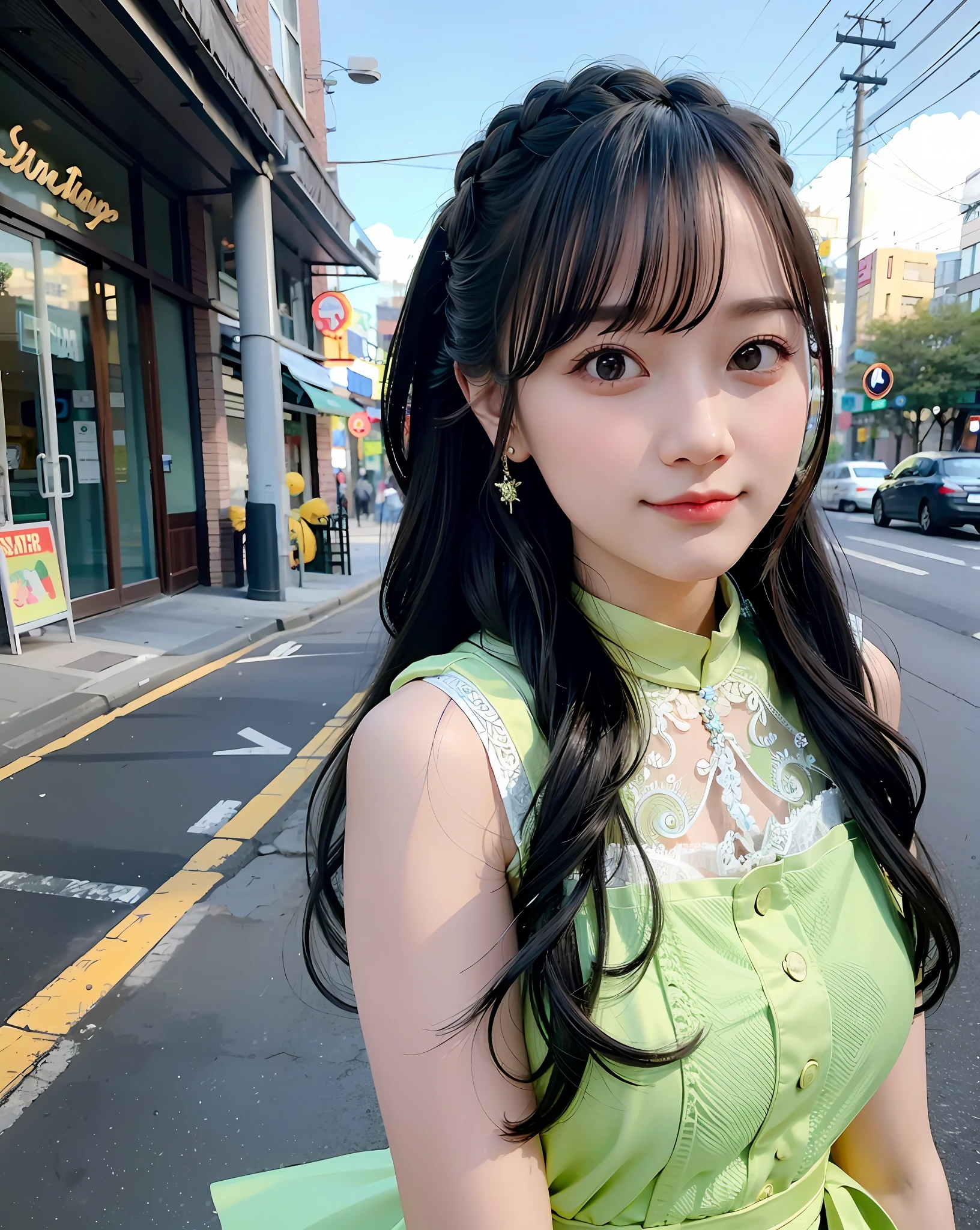 a woman posing on the street corner with green dress on, best quality, high res, 8k, 1girl, (huge breasts), day, bright, outdoor, (street:0.8), (people, crowds:1), (lace-trimmed dress:1.5, green clothes:1.5, yellow high-neck dress:1.5, sleeveless dress, green: 1.5), gorgeous, (braided hair), beautiful detailed sky, beautiful earrings, (dynamic pose:0.8), (upper body:1.2), soft lighting, wind, shiny skin, looking at viewer, serious face,