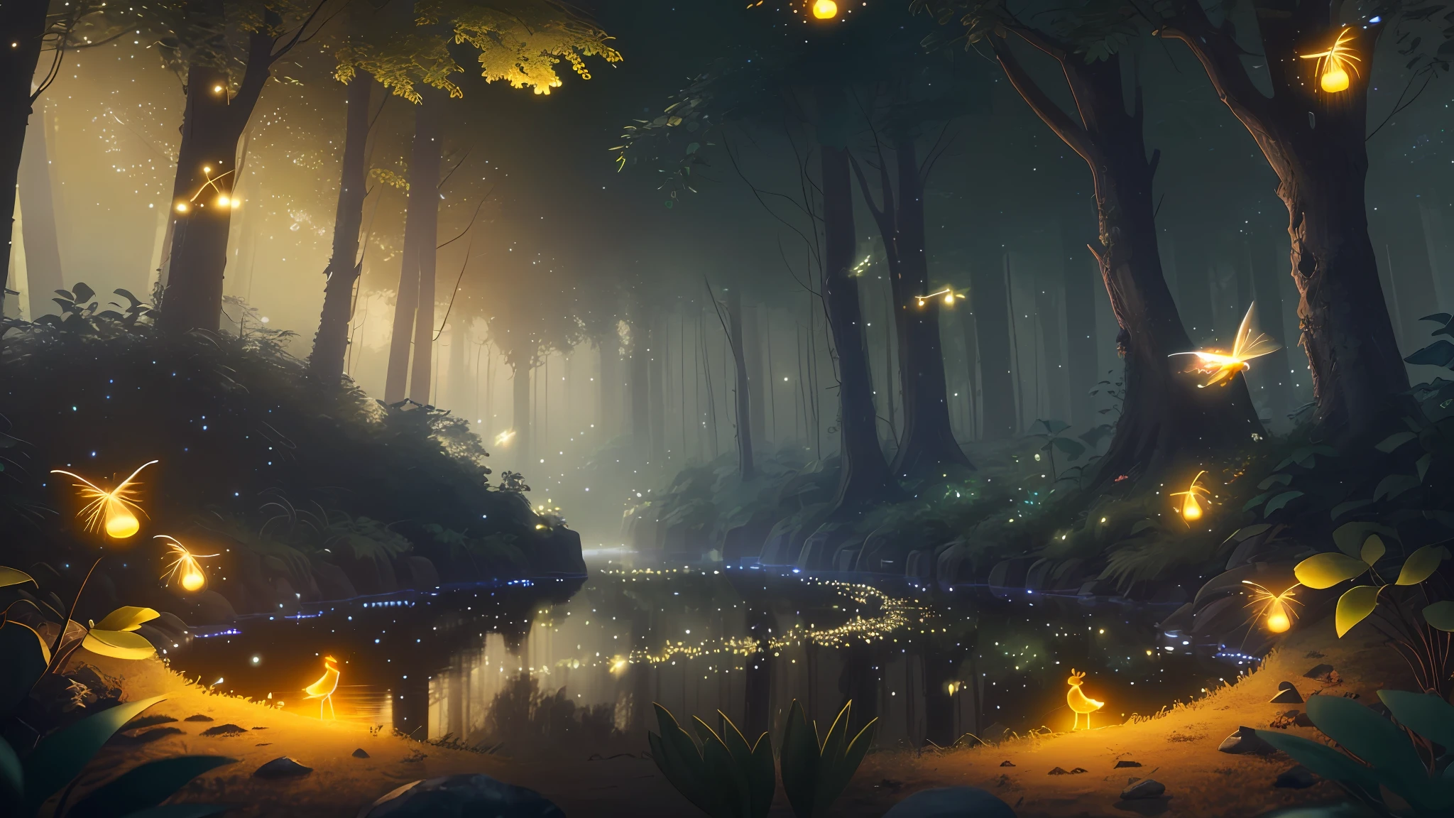 Masterpiece, best quality, (very detailed CG unity 8k wallpaper), (best quality), (best illustration), (best shadows), glow sprite, with a glowing deer, in the swimming pool Drinking water, natural elements in the forest theme. Mysterious forest, beautiful forest, nature, surrounded by flowers, delicate leaves and branches surrounded by fireflies (natural elements), (jungle theme), (leaves), (twigs), (fireflies), (particle effects) etc. 3D , Octane rendering, ray tracing, super detailed