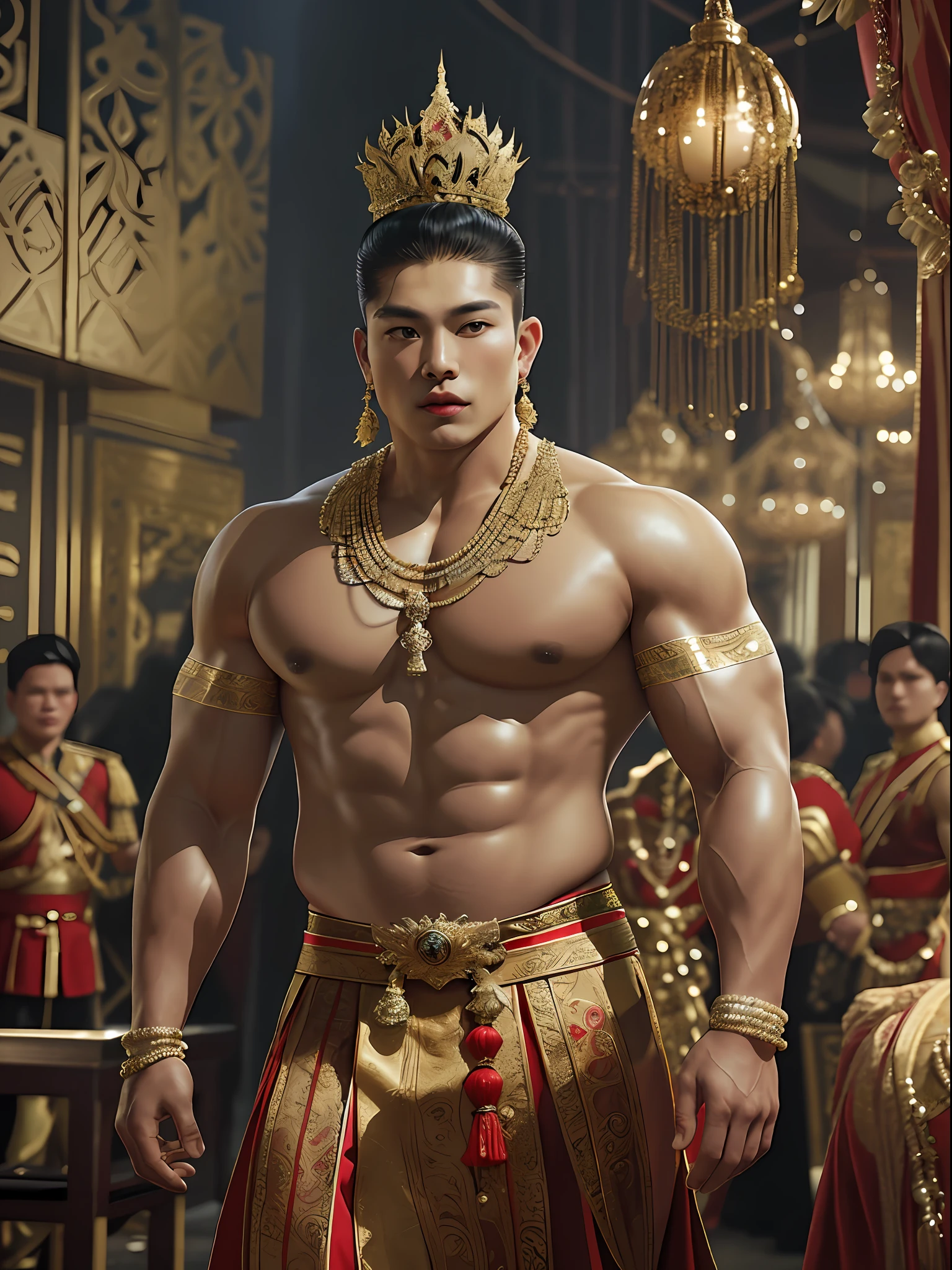 Muscular, topless, plump pecs. Capture the essence of his dressing style as you envision a scene where the royal man, with his commanding presence, prepares to attend a grand celebration. His attire is a masterful fusion of traditional Thai elements that reveals his muscular buttocks and thighs, opulent details that transport you to a realm of unparalleled splendor.