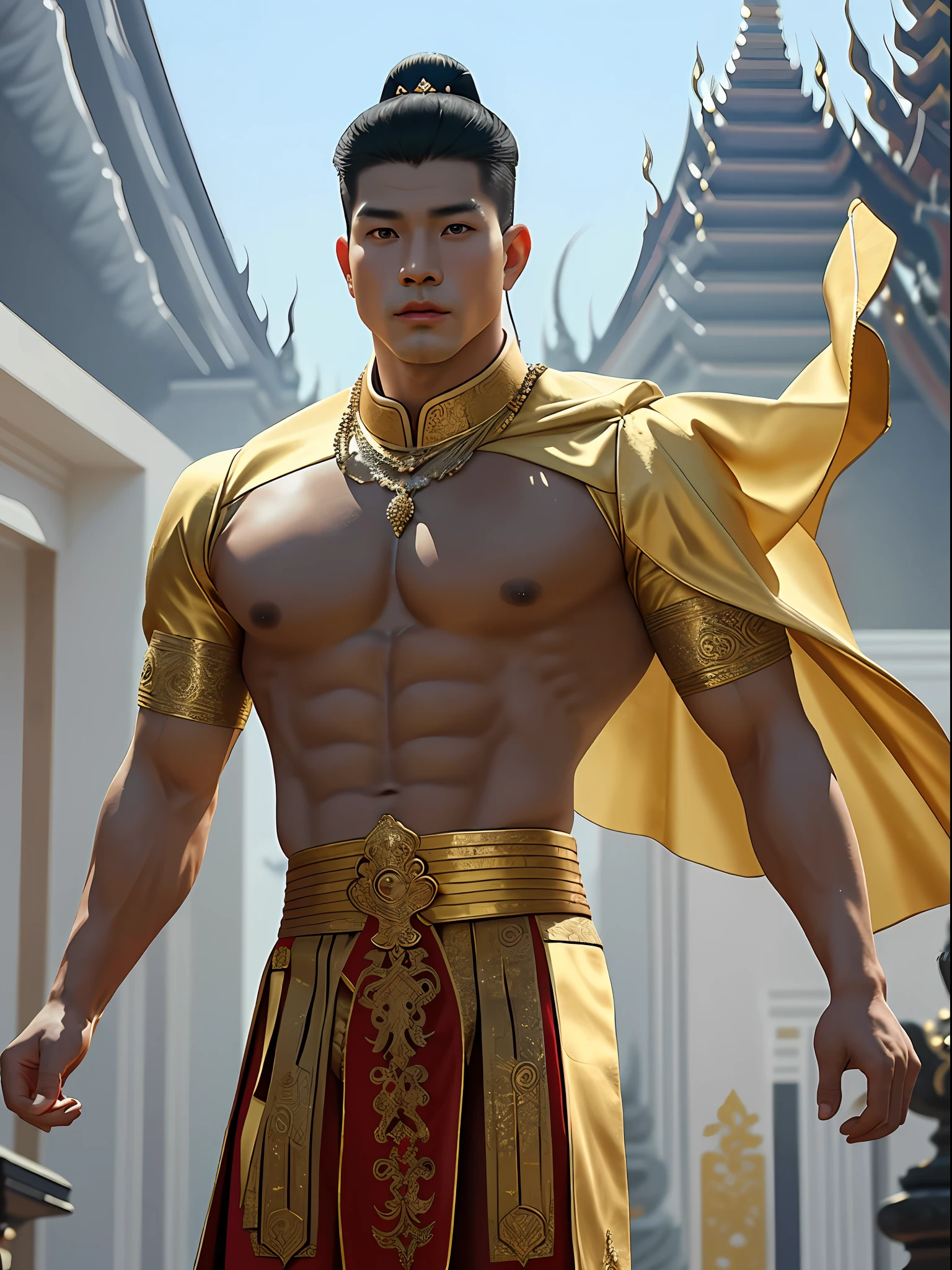 Muscular, topless, plump pecs. Capture the essence of his dressing style as you envision a scene where the royal man, with his commanding presence, prepares to attend a grand celebration. His attire is a masterful fusion of traditional Thai elements that reveals his muscular buttocks and thighs, opulent details that transport you to a realm of unparalleled splendor.