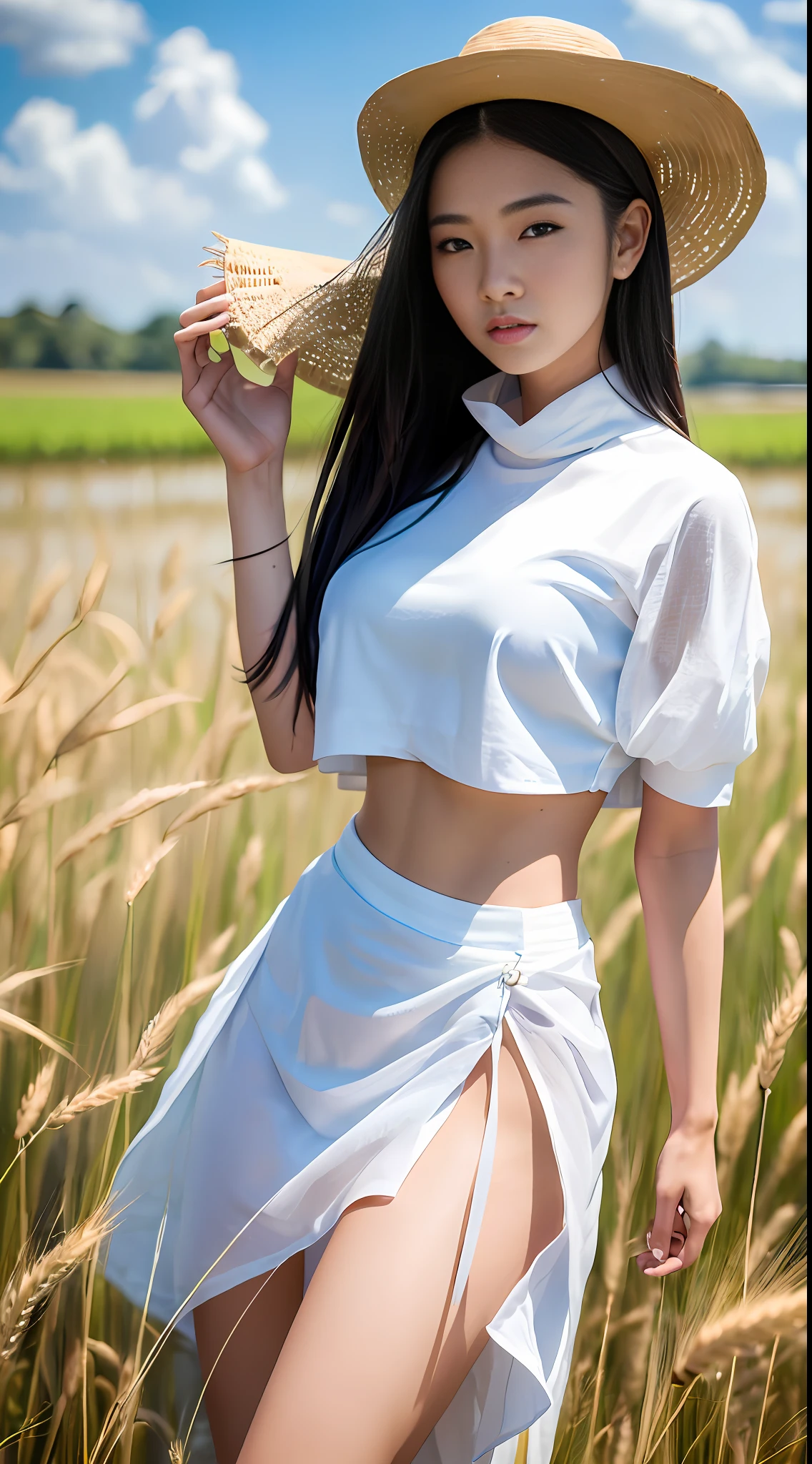 A young Asian beauty, tall, (supermodel body: 1.5), bust photo, wearing a white gauze skirt, (standing in the paddy field: 1.5), endless ears of wheat, blue sky and white clouds in the background, --v6