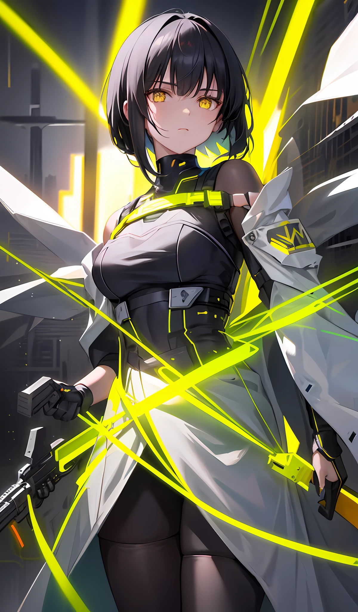 1 girl, black hair, shoulder-length square, no bangs, amber eyes, black sci-fi clothes with neon yellow elements, floats in the air, points the muzzle of a gun at us, depth of field, Masterpiece, best quality, high quality, very detailed CG unified wallpaper 8k, beautiful landscape painting,