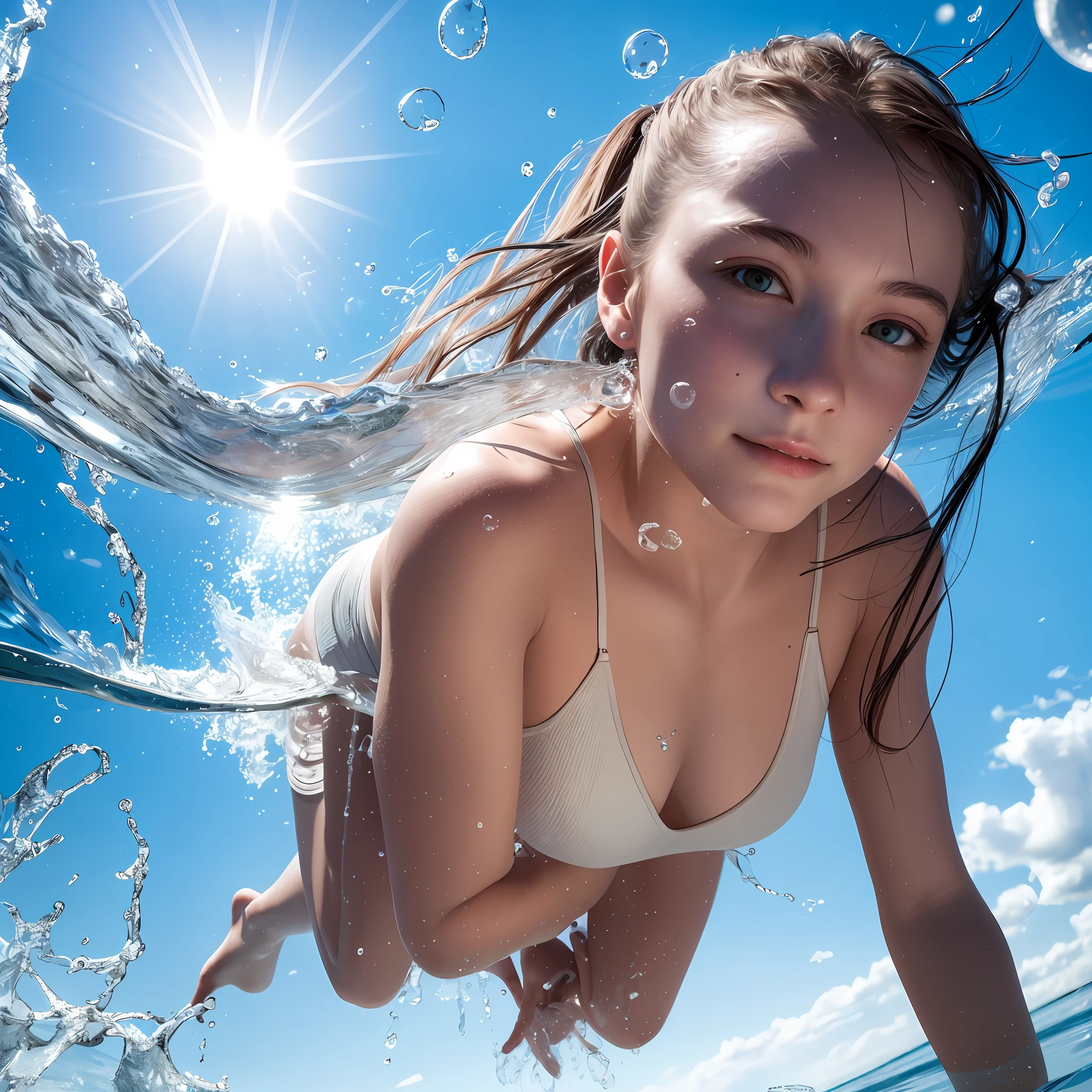 RAW, masterpiece, ultra-fine photo, best quality, ultra-high resolution, realistic, portrait, clear and sharp, ,, girl diving, face in water, side, water is very clear, , crystal clear bubbles,