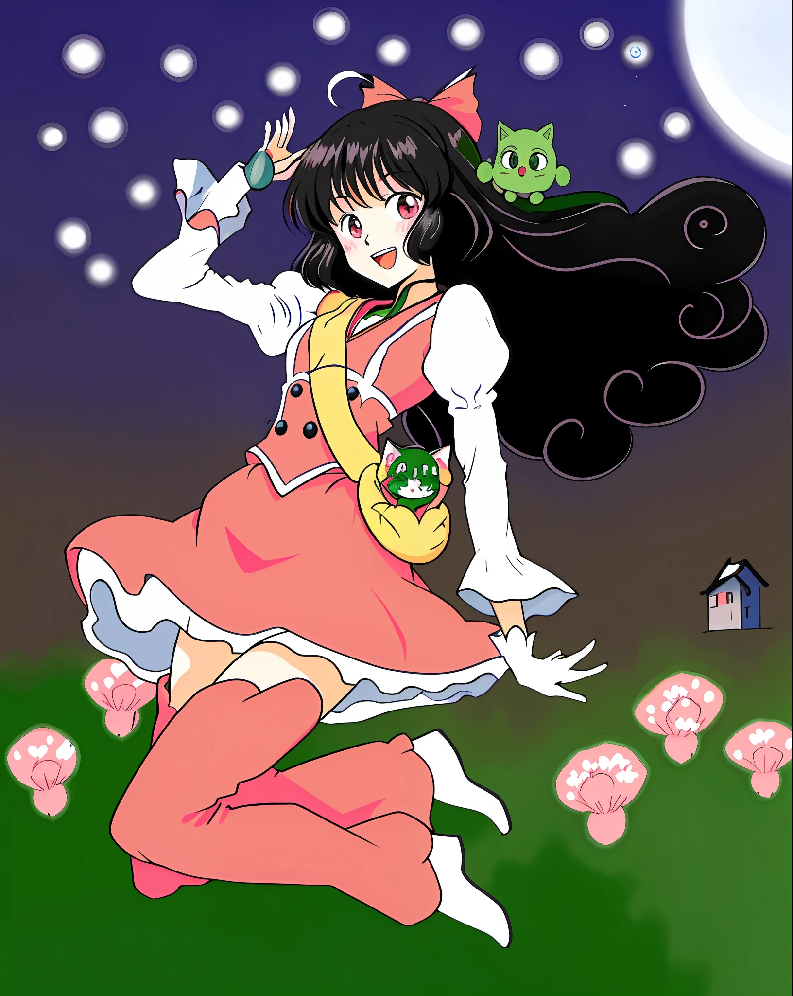 anime girl in a pink dress with a green cat on her shoulder, inspired by Takehisa Yumeji, reimu hakurei, inspired by Naoko Takeuchi, artistic render of reimu hakurei, inspired by Rumiko Takahashi, black - haired mage, inspired by Tsukioka Yoshitoshi