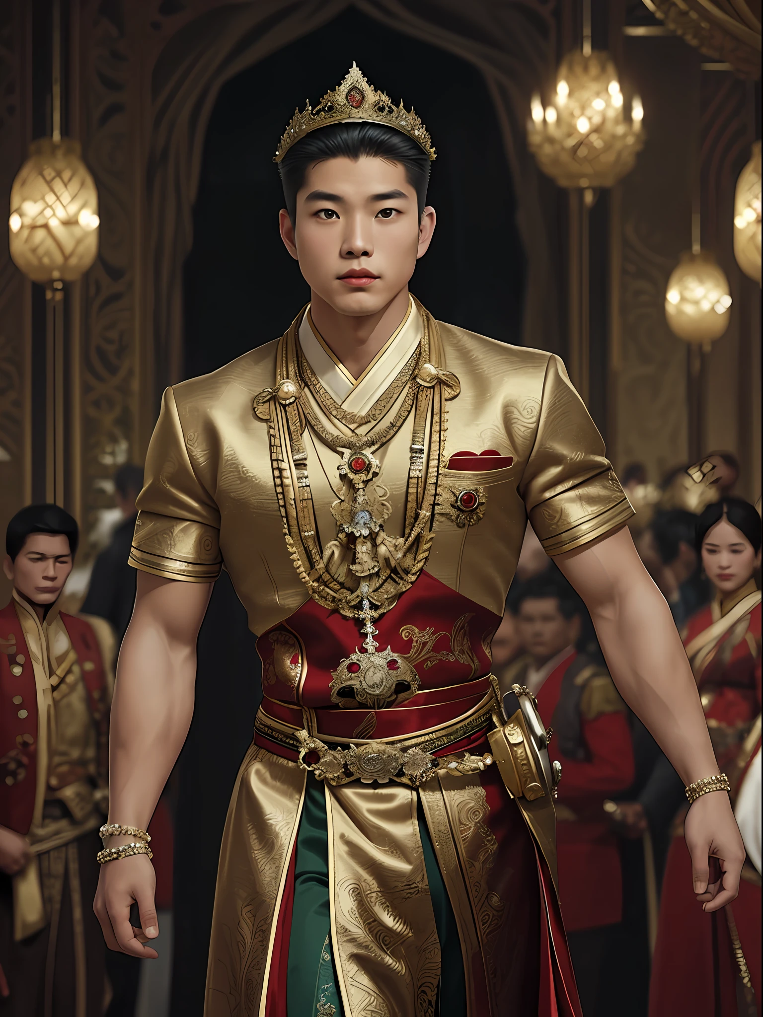 Muscular, young, half asian and american, topless, plump pecs. Capture the essence of his dressing style as you envision a scene where the royal man, with his commanding presence, prepares to attend a grand celebration. His attire is a masterful fusion of traditional Thai elements that reveals his muscular buttocks and thighs, opulent details that transport you to a realm of unparalleled splendor.