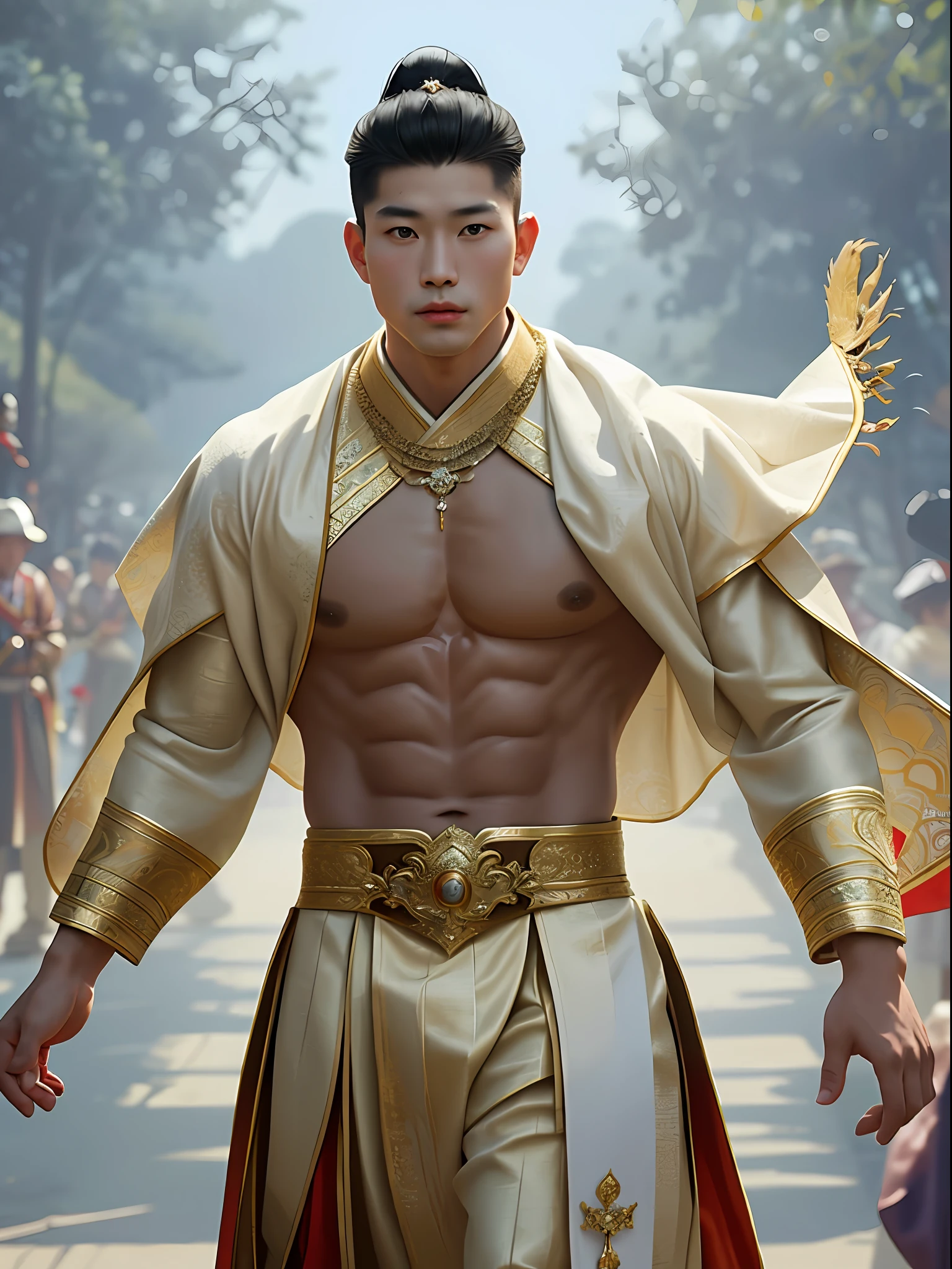 Muscular, young, half asian and american, topless, plump pecs. Capture the essence of his dressing style as you envision a scene where the royal man, with his commanding presence, prepares to attend a grand celebration. His attire is a masterful fusion of traditional Thai elements that reveals his muscular buttocks and thighs, opulent details that transport you to a realm of unparalleled splendor.