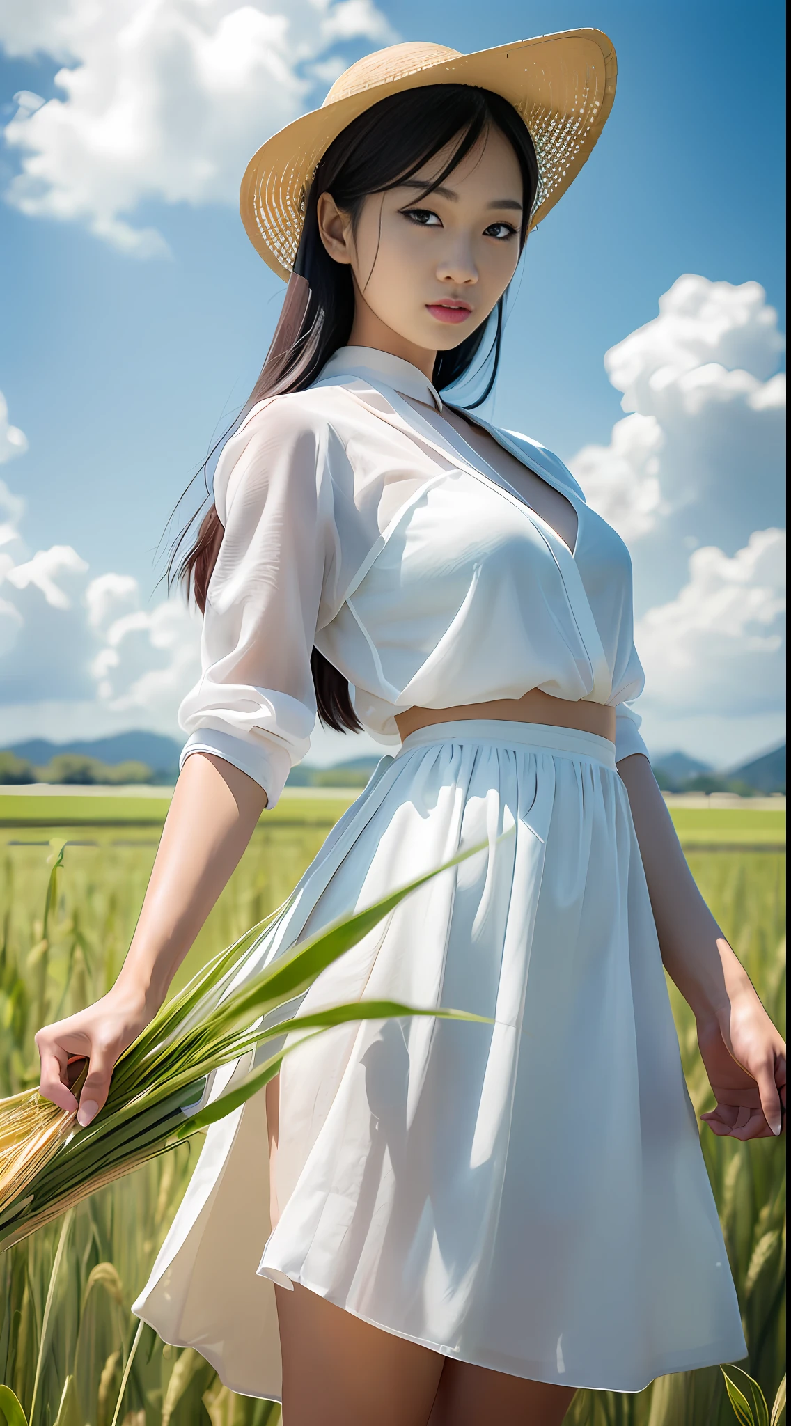 A young Asian beauty, tall, (supermodel figure: 1.5), bust photo, wearing a white gauze skirt, (standing in a paddy field: 1.5), endless ears of wheat, holding seedlings, blue sky and white clouds in the background, --v6