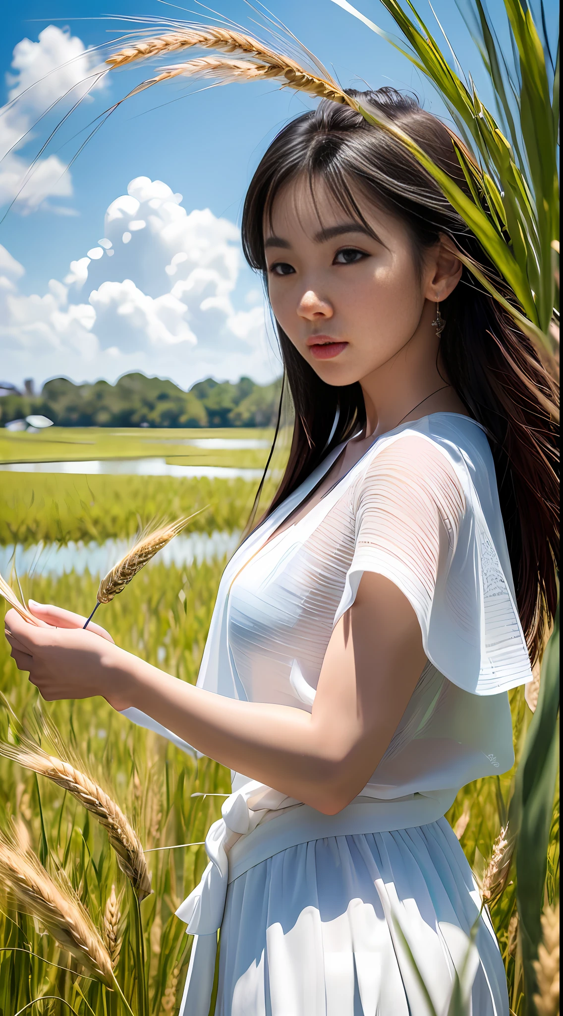 A young Asian beauty, tall, (supermodel figure: 1.5), bust photo, wearing a white gauze skirt, (standing in a paddy field: 1.5), endless ears of wheat, holding seedlings, blue sky and white clouds in the background, --v6