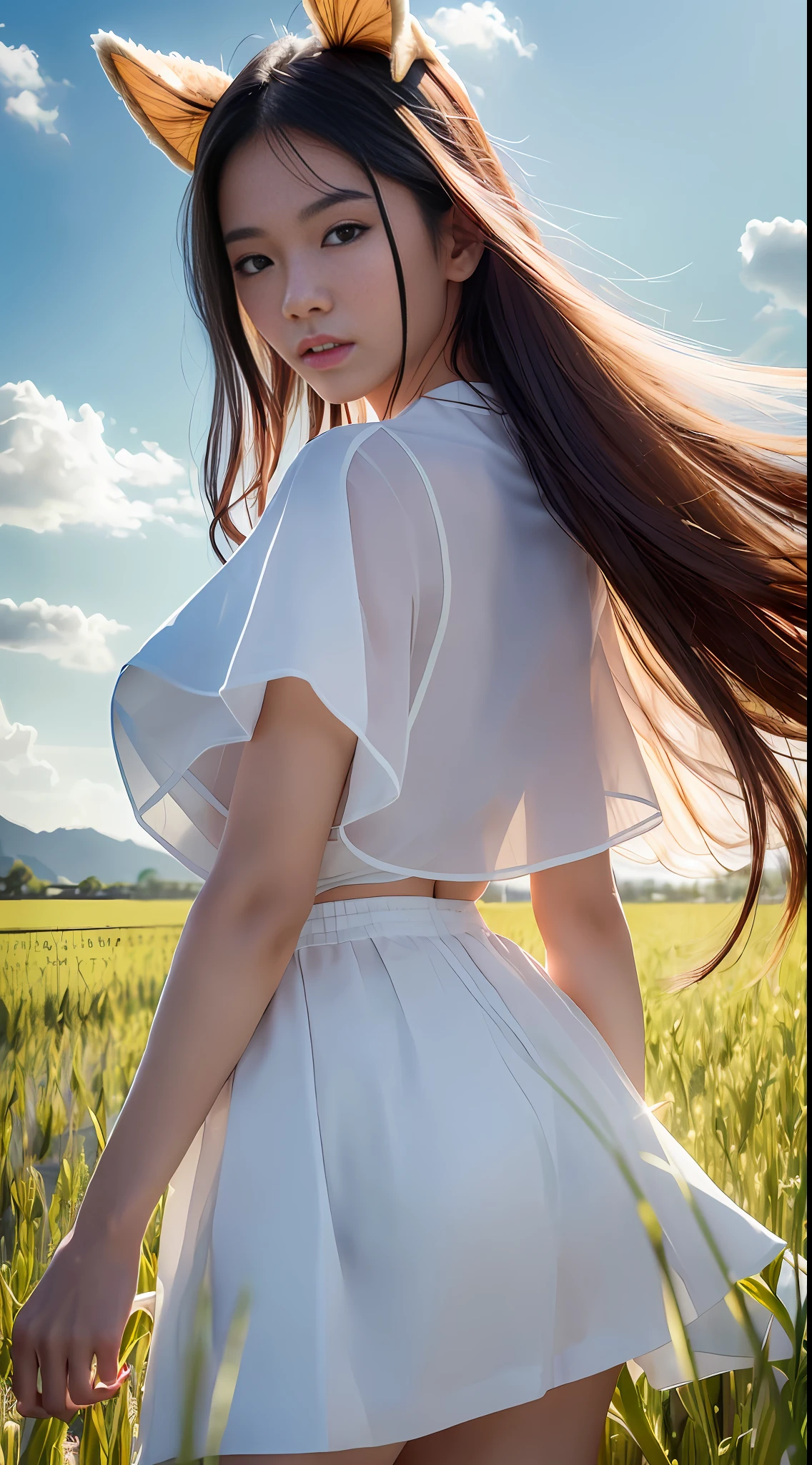 A young Asian beauty, tall, (supermodel figure: 1.5), bust photo, wearing a white gauze skirt, (standing in a paddy field: 1.5), endless ears of wheat, holding seedlings, blue sky and white clouds in the background, --v6
