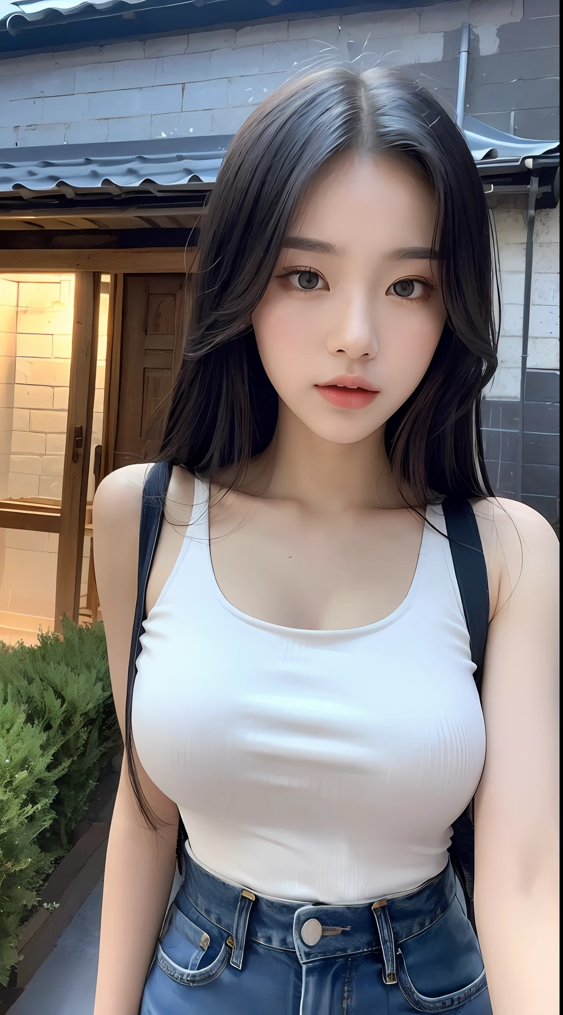 ((Midnight, Best Quality, 8K, Masterpiece :1.3)), Full Body, Long Legs, Sharp Focus :1.2, A Beautiful Woman with Perfect Body :1.4, Slim Abs :1.1, ((Black Hair, Huge Breasts :1.2)), (White Skinny T-Shirt, Denim Bib, Standing: 1.2), (Night View, Roof: 1.3)), Highly detailed face and skin texture, fine eyes, double eyelids