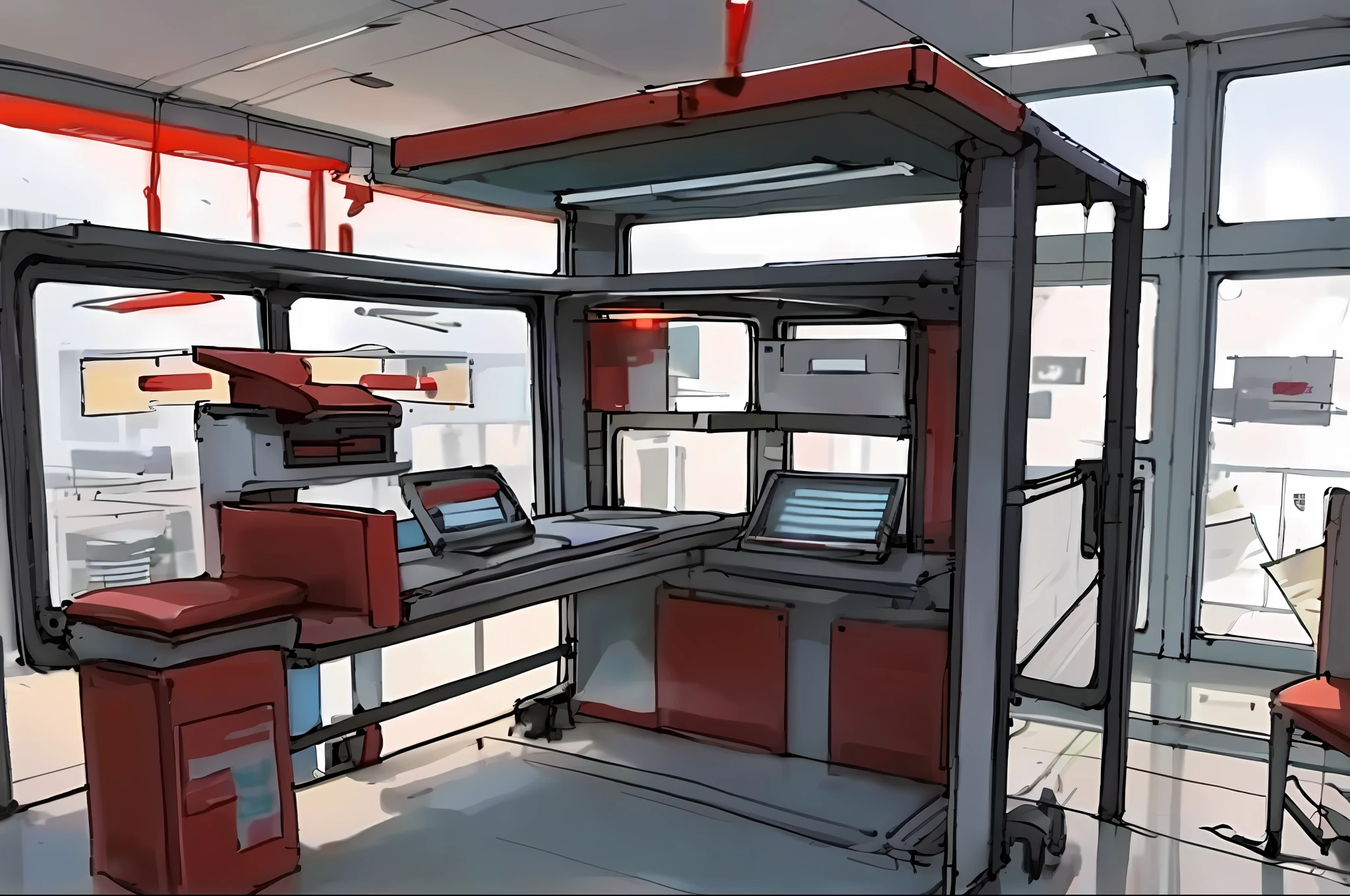 Set up a futuristic blood donation station, futuristic, mechanical, warm, posters with blood donations are posted at the door, and there are guide maps and children's drawings at the window