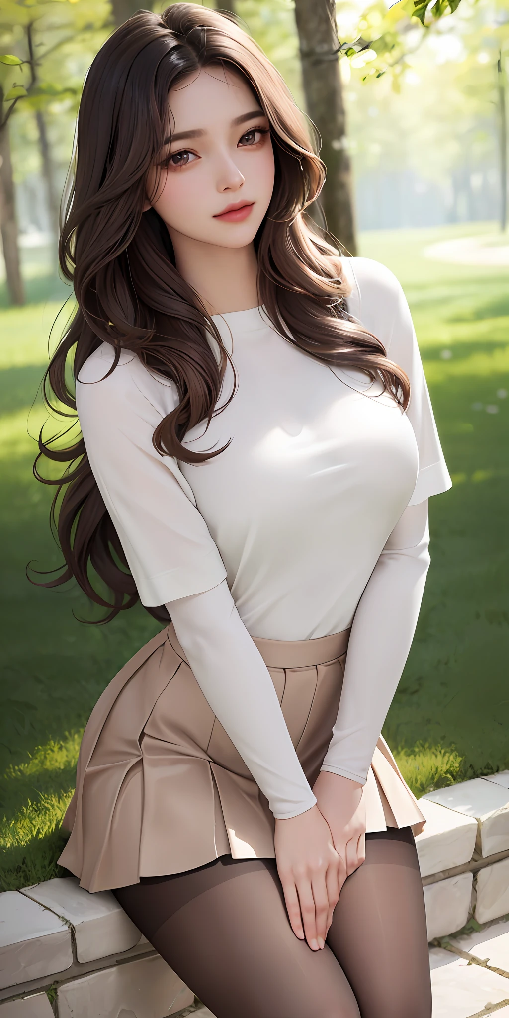 RAW, 1girl, pure eros face, solo, colorful, (masterpiece, best quality: 1.3), (absurdity: 1.3), (realistic:1.3), (detailed skin: 1.3, detailed face: 1.3), standing, beautiful face, beautiful eyes, detailed eye portrayal, perfect makeup, looking at the audience, sharp focus, delicate, (beautiful cute_girl:1.3), curvy, (small breast: 1.2, thick thighs: 1.2, ), long eyelashes, (shiny skin), light smile, wavy long hair, (big_eyes:1.2, brown_eyes), (brown_gloss_eyeshadow:1.2), pink_lips, white JK uniform, black pleated skirt, (black_pantyhose), campus, grove, forest path, full body, (clear sky: 1.3), (sunlight: 0.5), (Complete Five Fingers:1.2)